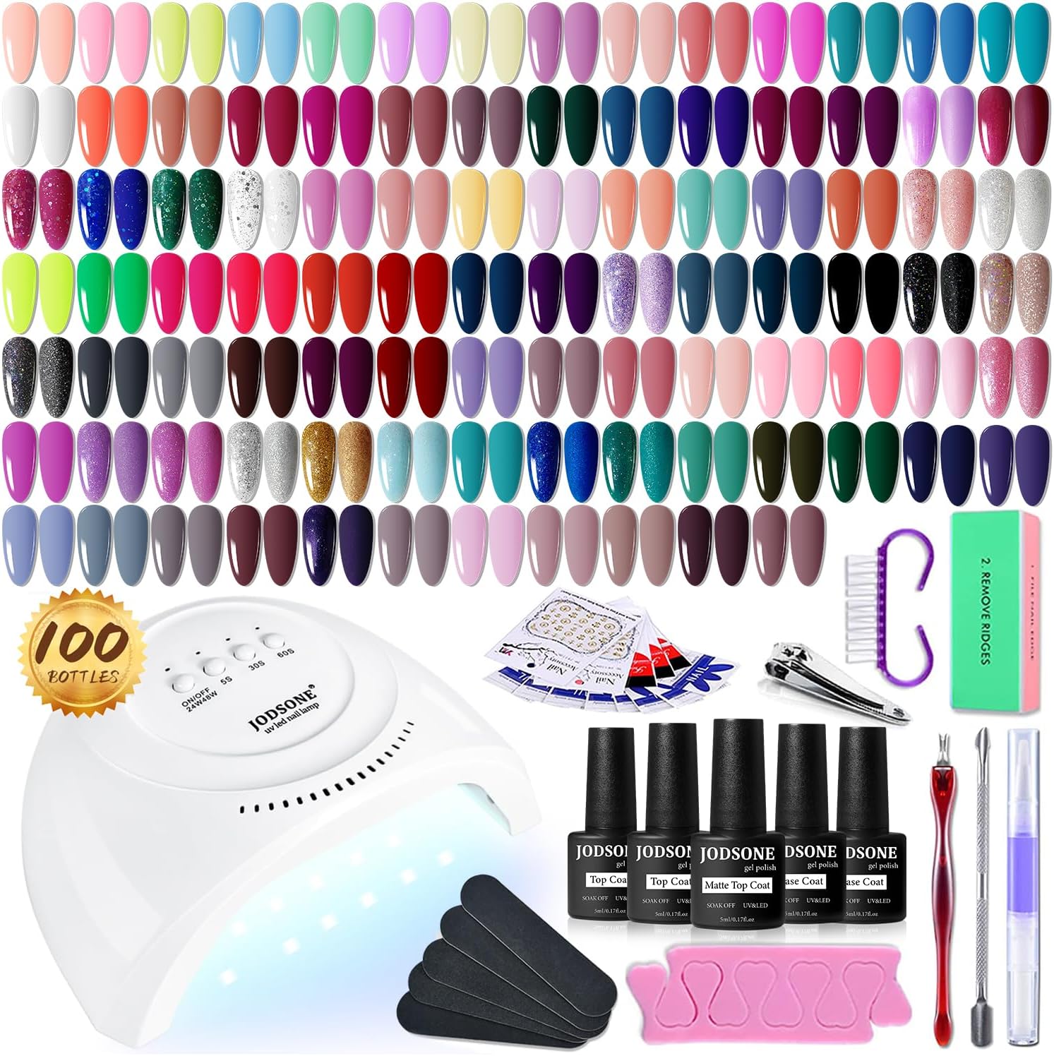 JODSONE 100 PCS Gel Nail Polish Starter Kit With UV Light - 95 Macaron and Dark Colors, No Wipe Base Coat, Top Matte Coat, Long Lasting Shine