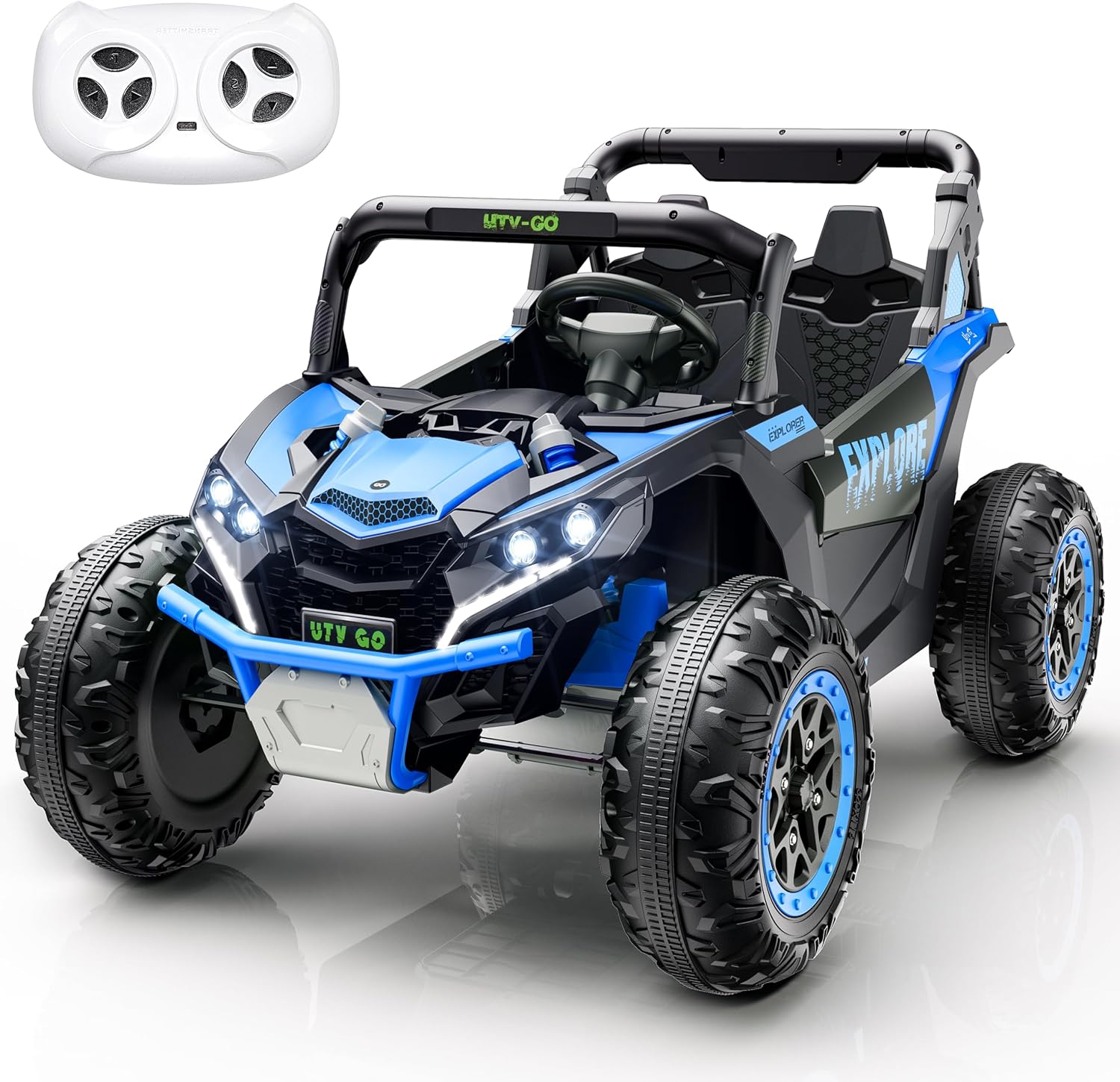 Evmore 2 Seater Kids Ride on Car, Electric 4WD Off-Road UTV Truck, 7Ah Large Battery Kids Electric Car with Remote Control, Safety Belt, Horn, Music, and Lights for Aged 3-8 Years Blue