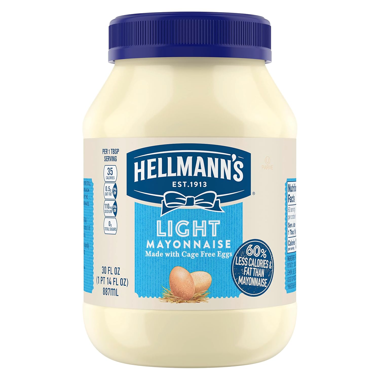 Hellmann's Light Mayonnaise For A Creamy Condiment for Sandwiches and Simple Meals Light Mayo Made With 100% Cage-Free Eggs 30 oz