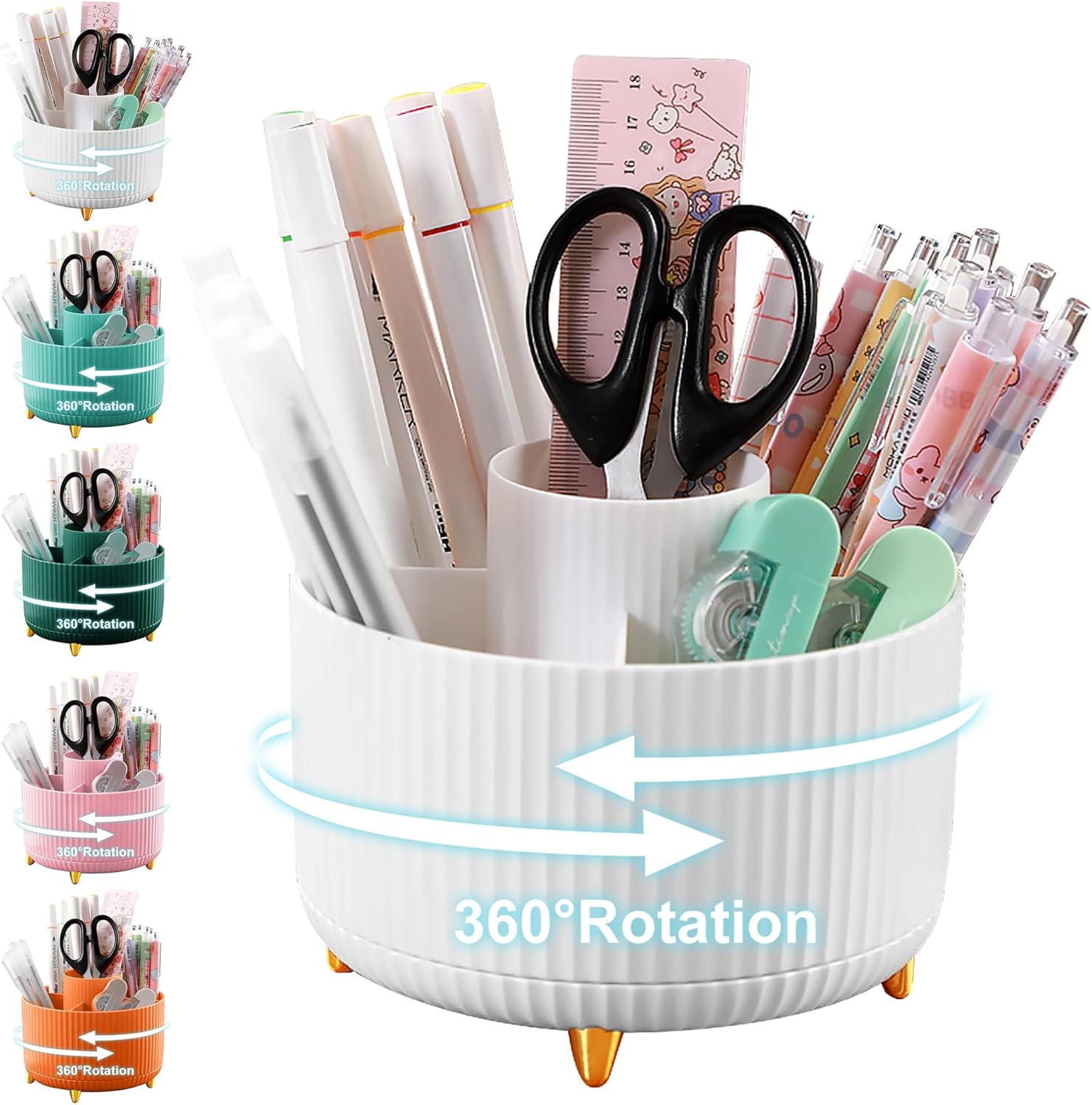 Cayxenful Desk Organiser, 360°Degree Rotating Pen Holder for Desk with 5 Slots, Desk Storage Stationery Supplies Organizer, Kids Pen Holder Pot For Office, School, Home (White)