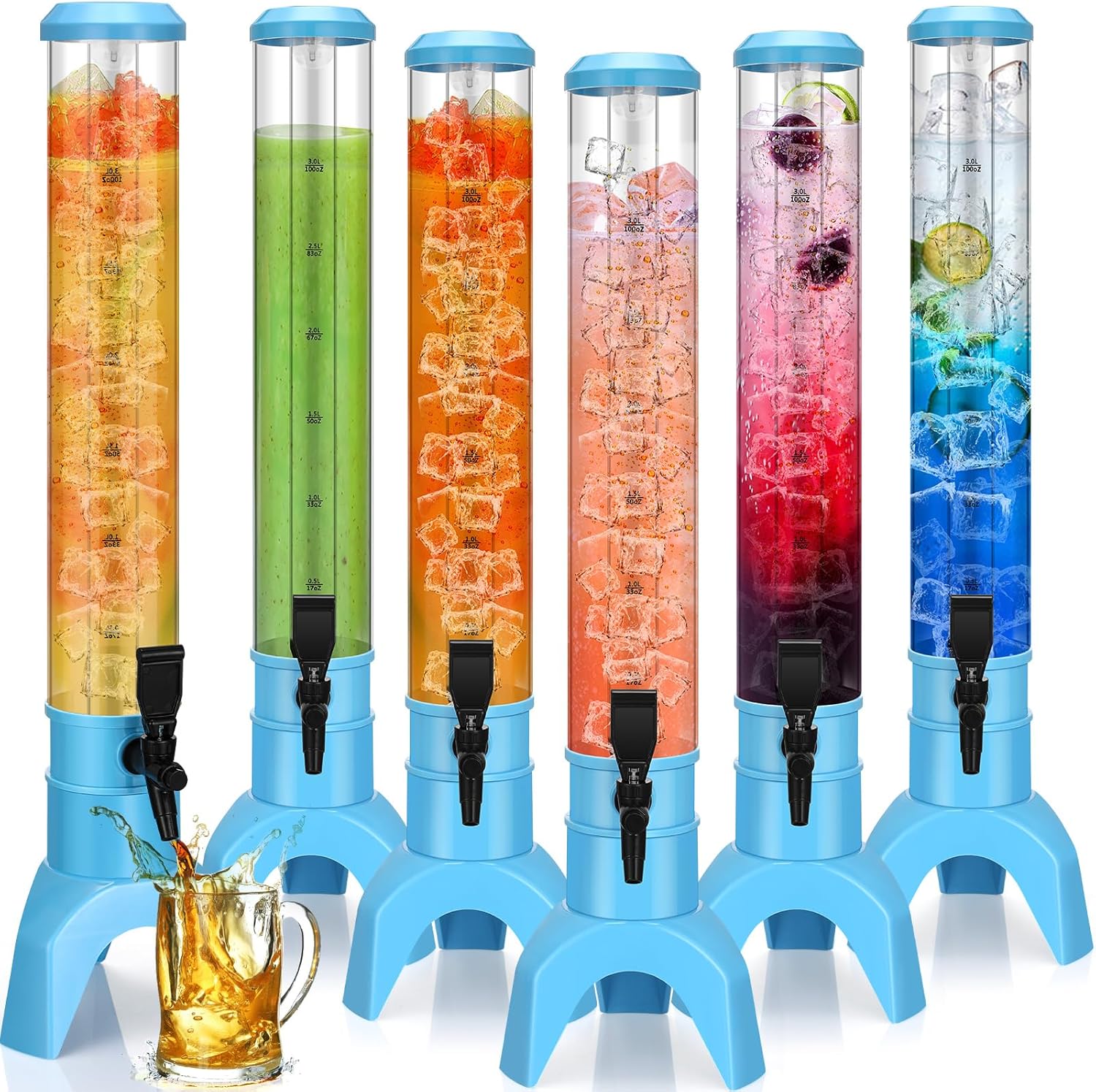 Domensi 6 Pcs Drink Tower Dispenser Mimosa Tower with Ice Tube and bottomless Mimosa lunch Beer Beverage Drink Dispenser Tower Tabletop Liquor Dispenser for Bar Party(3l,Blue)