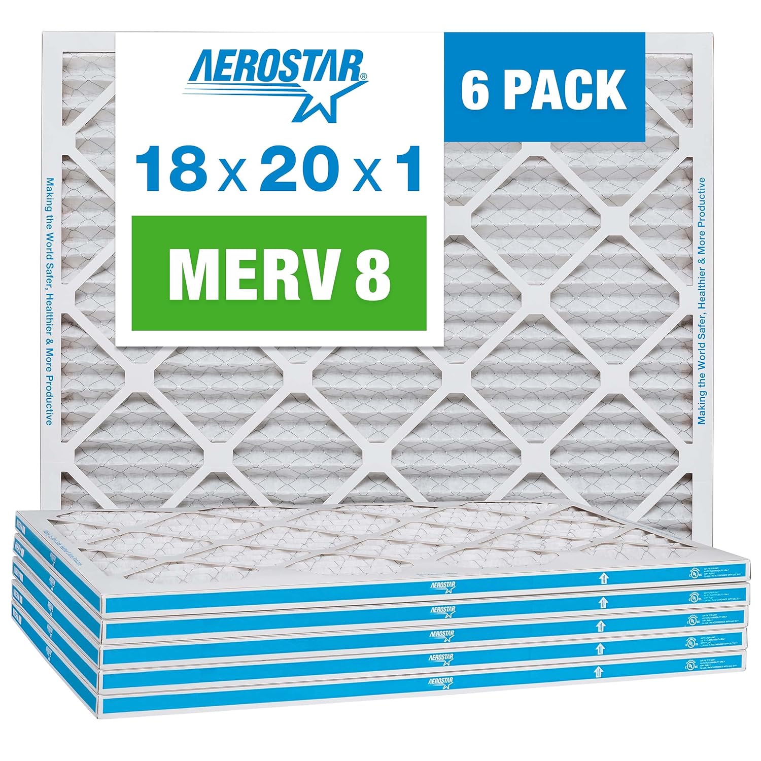 Aerostar 18x20x1 MERV 8 - 6 Count - High Efficiency Pleated HVAC, Furnace & Air Conditioner Filters - Removes Dust, Lint, Mold & Allergy-Causing Pollen