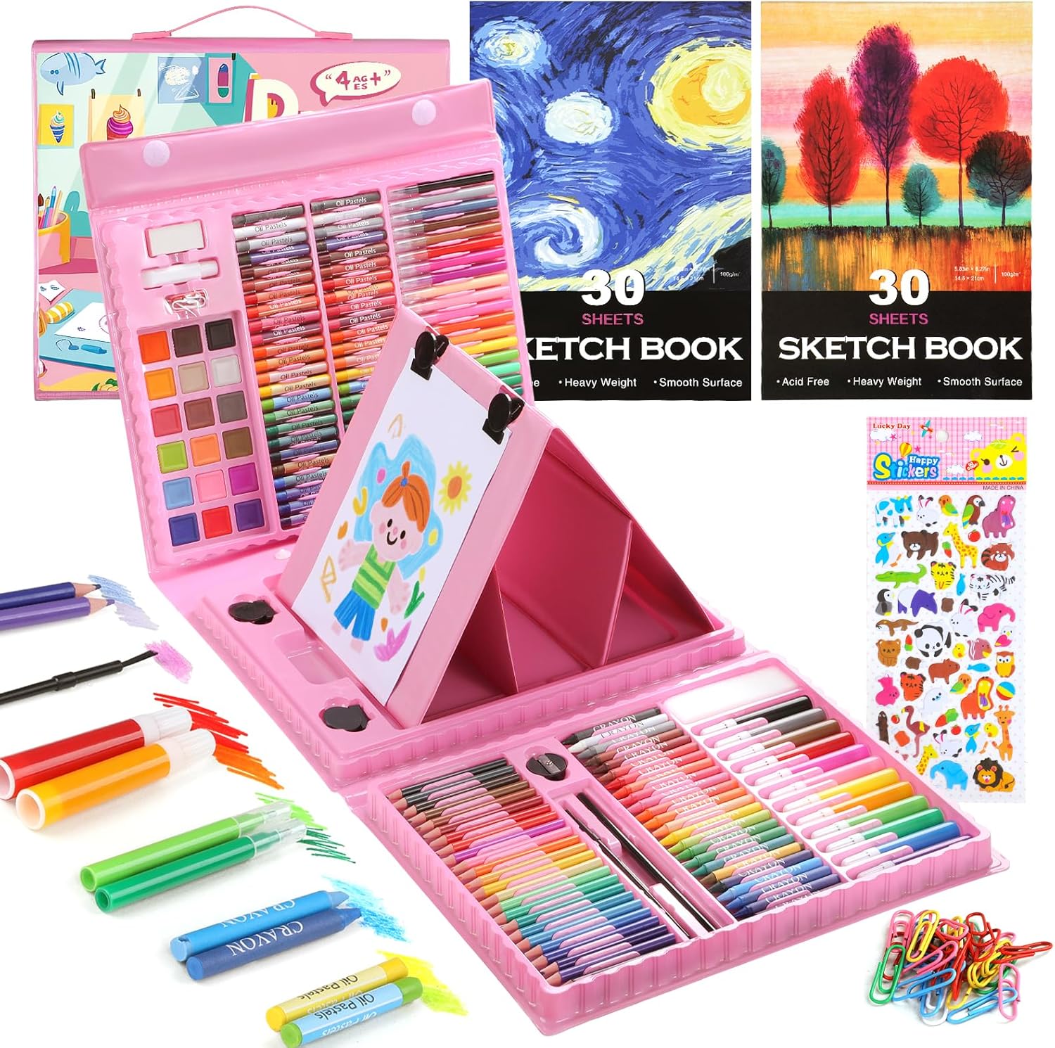 237-Piece Kids Art Set with Double-Sided Easel, Painting Kits for Kids Ages 4-8, Non-Toxic Art Supplies for Girls & Boys, Drawing Set with Watercolor, Oil Pastels, resent for Young Artists-Pink