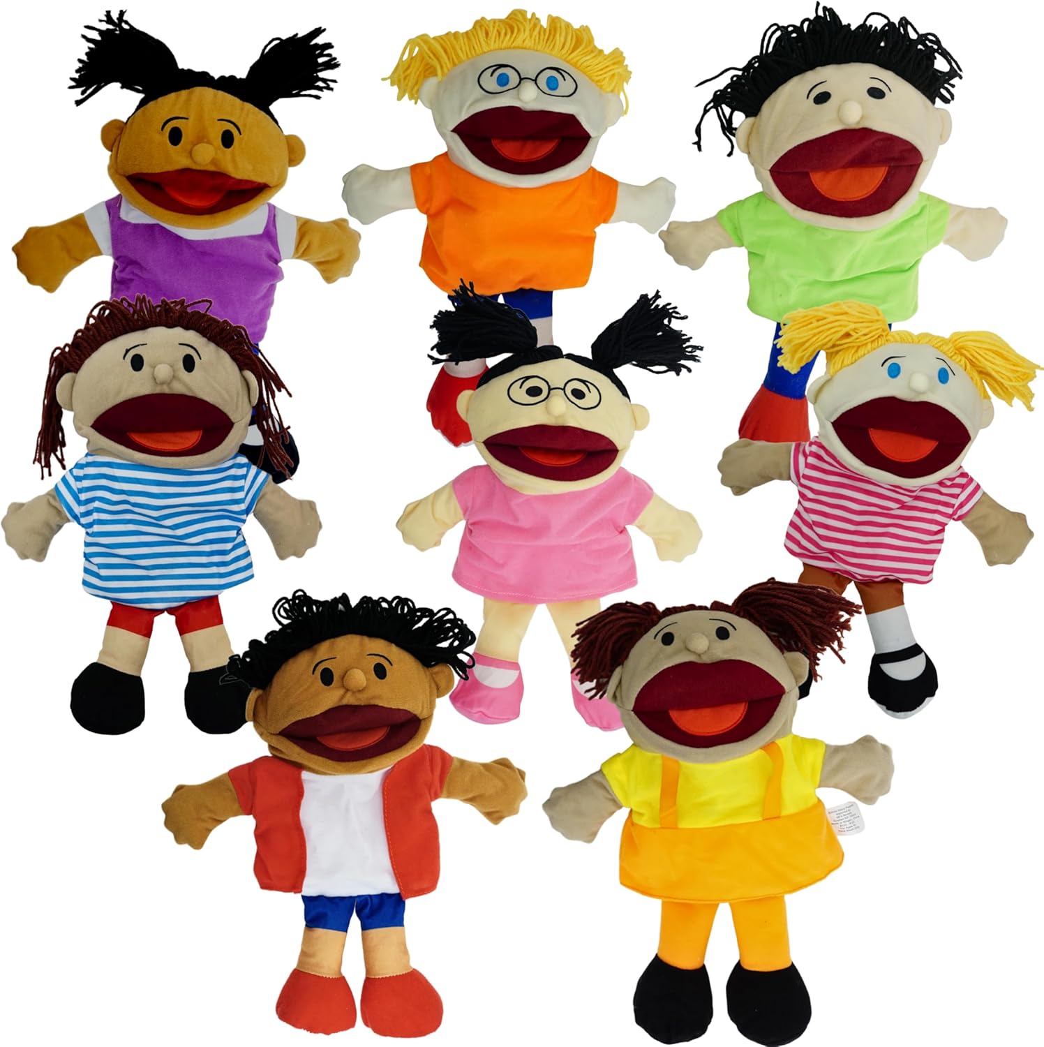4E's Novelty Multicultural Hand Puppets for Kids - 8 Pack with Movable Mouth, Bulk Soft Plush Puppets for Kids Ages 4-8, for School Home Theater Shows, Teachers Classroom Supplies