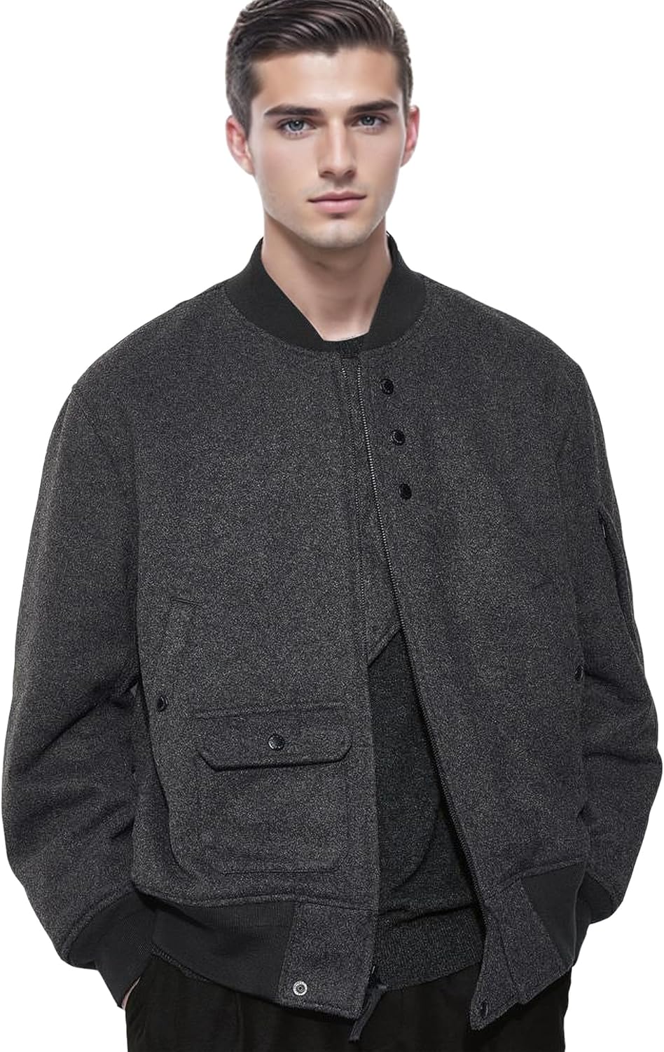 Men's Bomber Fleece Jackets Thickened Version Causal Fashion Flight Fall Winter Full Zip Casual Warm with 5 Pockets