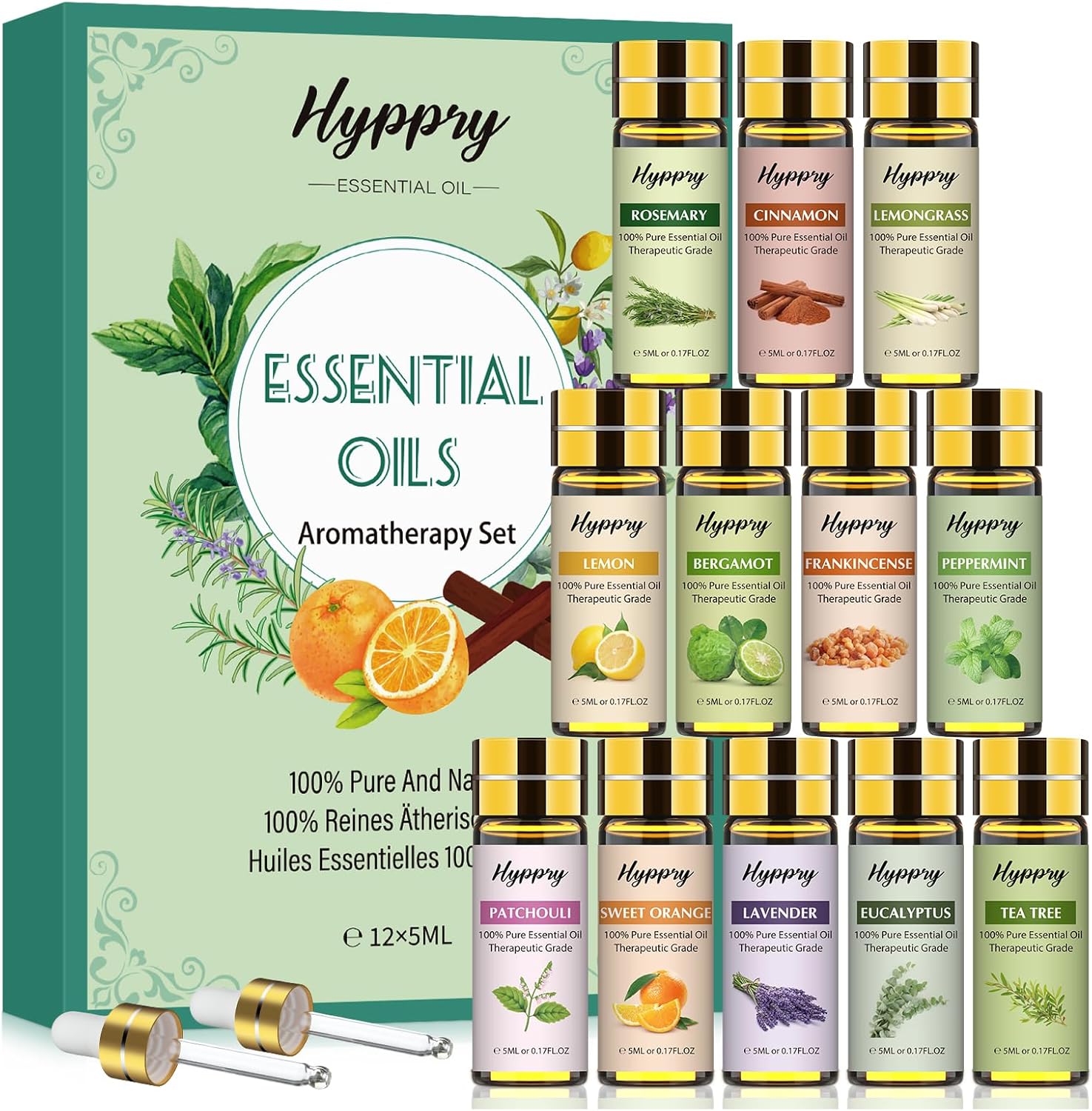 Hyppry 12 x 5ml Essential Oils for Diffuser for Home, Aromatherapy, Bath, Massage, Soap & Candle Making - Lavender, Bergamot, Lemongrass, Rosemary, Frankincense, Lemon, Patchouli, Cinnamon, etc