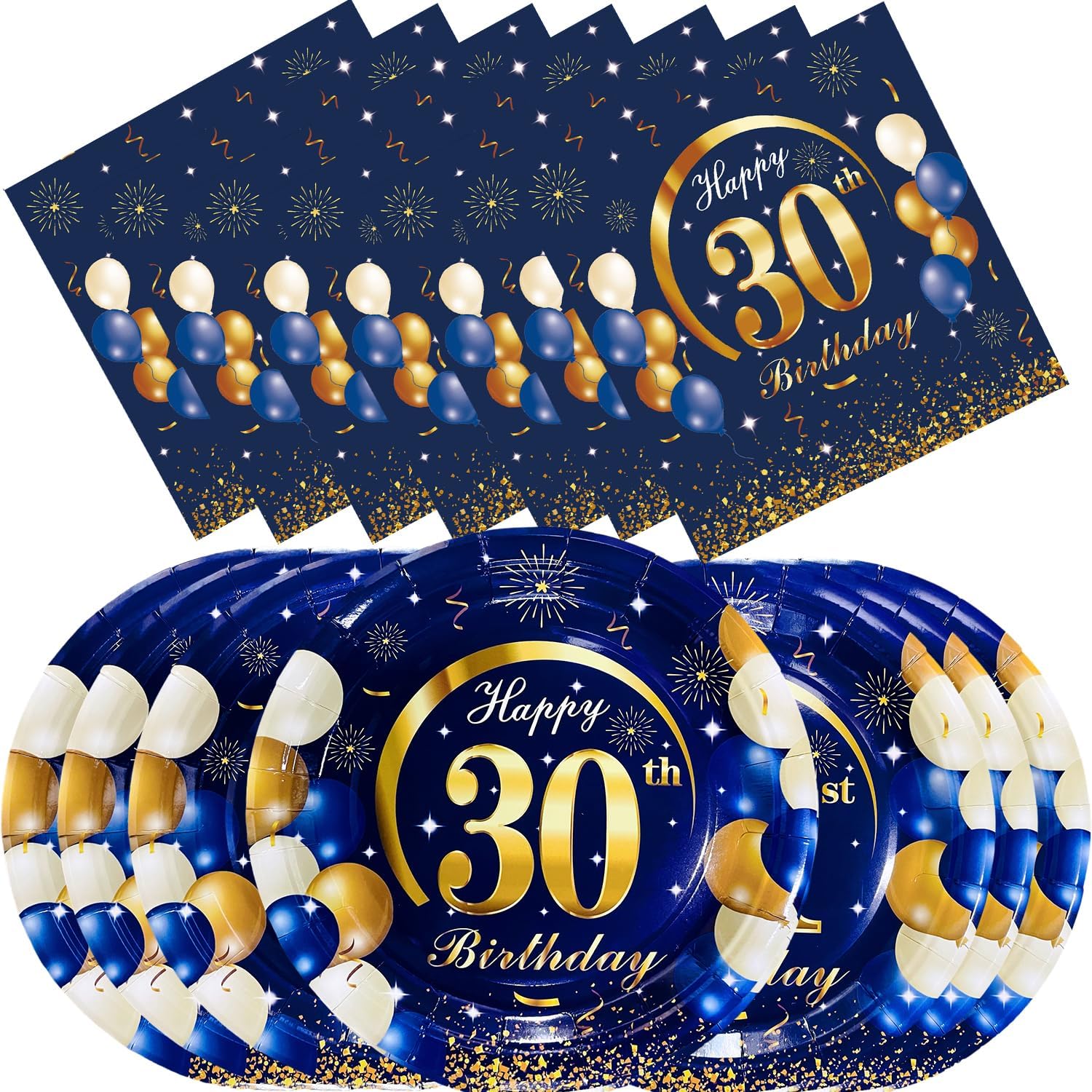 40 pieces of 30th birthday party supplies, 30th Birthday Tableware, Table Decoration, Blue and Gold Plates, Napkins, Tableware, Men's and Women's 30th Birthday Party Gifts