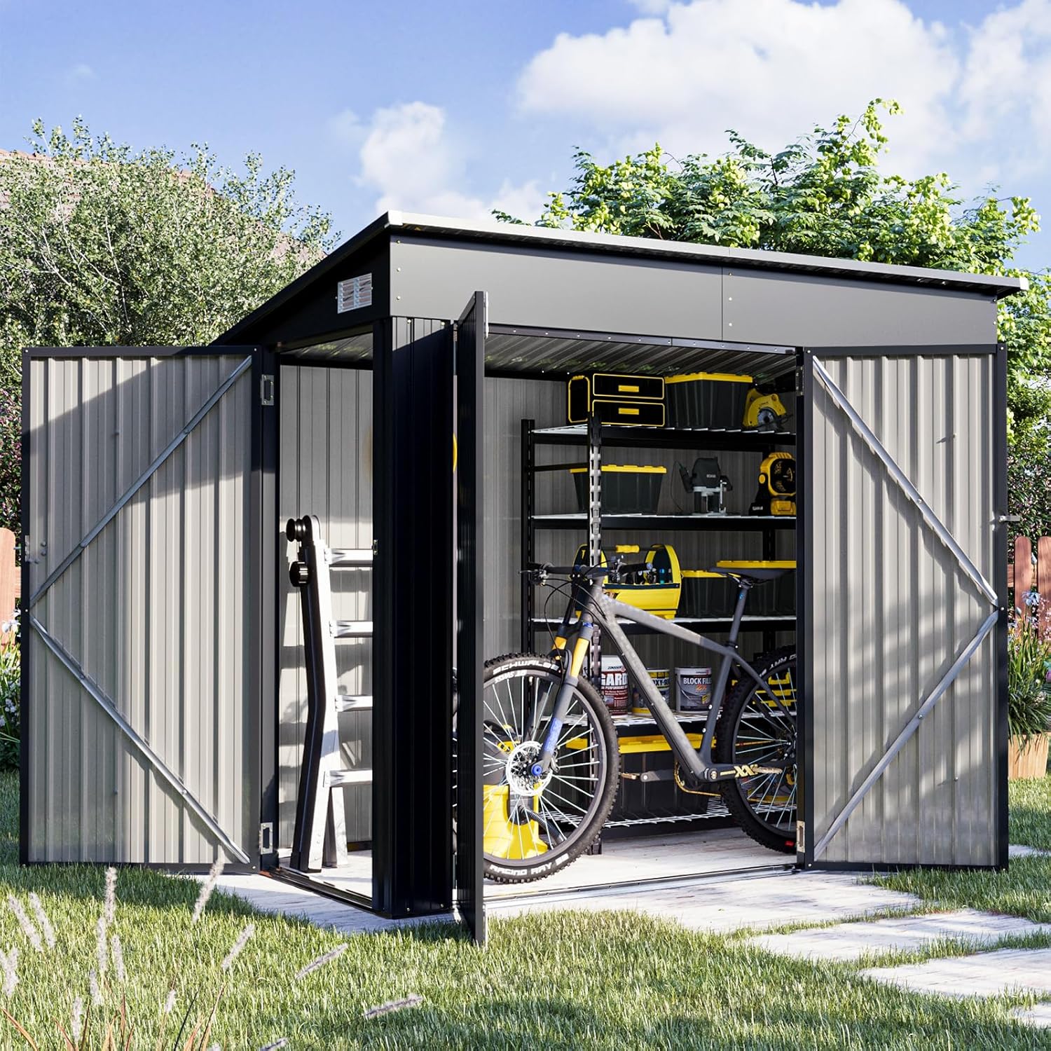 Aoxun 8' x 4' Garden Shed Metal Sheds and Outdoor Storage with Triple Lockable Door Metal Storage Cabinet with Slopping Roof for Tools Bike Storage for Garden, Patio, Courtyard