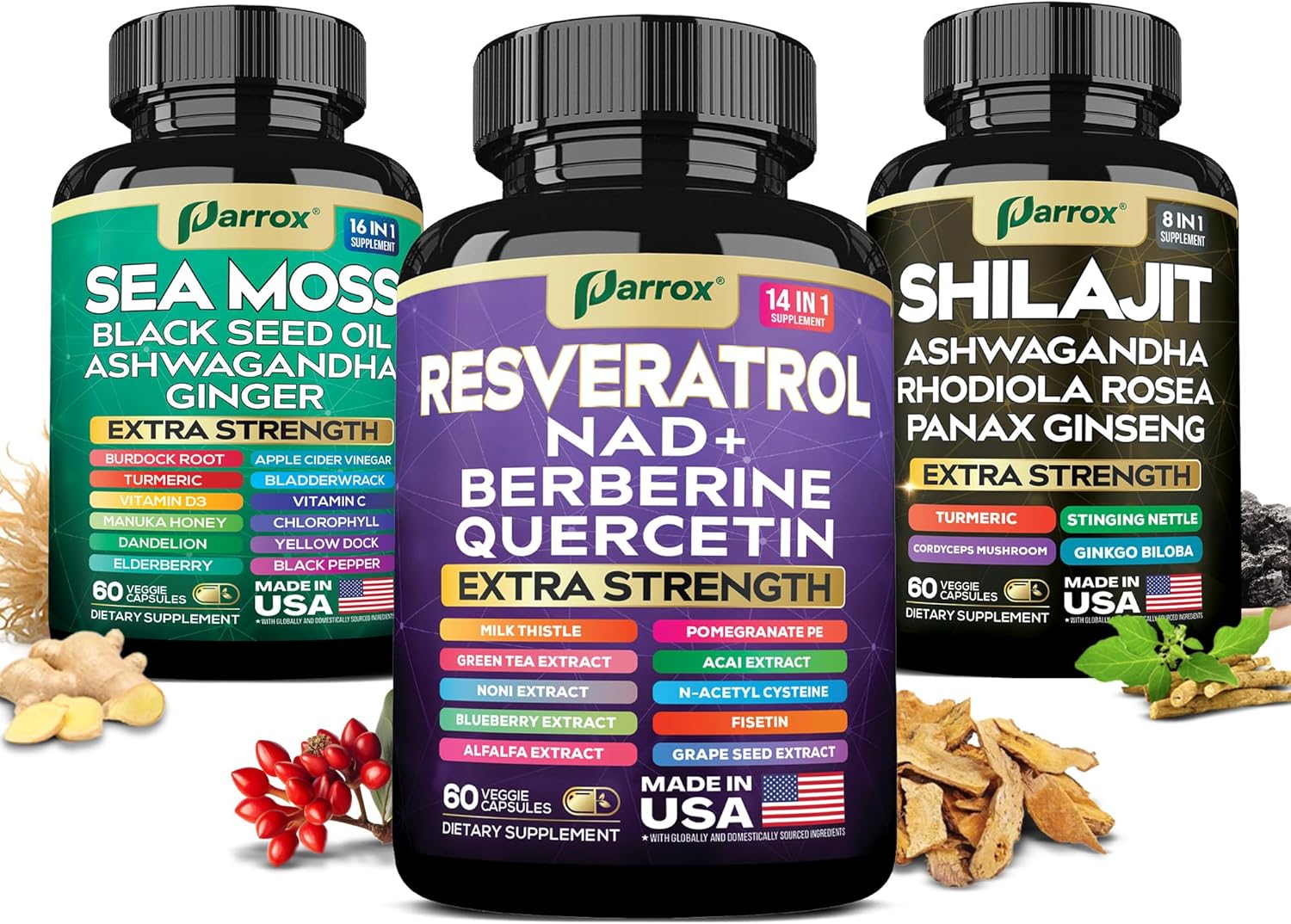Advanced Wellness Trio - Sea Moss, Black Seed Oil, Ashwagandha, Burdock Root, Resveratrol, NAD+, Quercetin, Berberine, Grape Seed Extract, Panax Ginseng, Ginkgo Biloba, Rhodiola Rosea, Turmeric