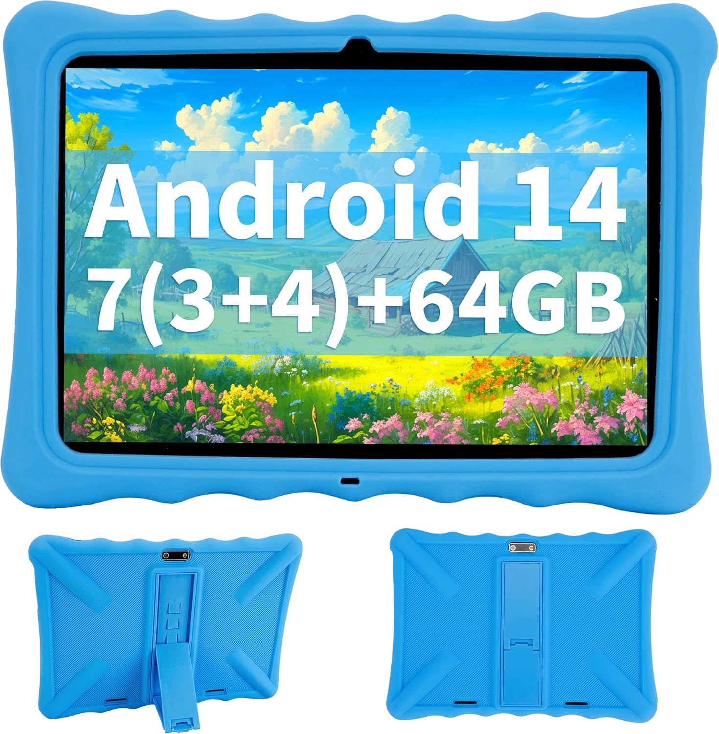 Veidoo Kids Tablet - 10.1 Inch IPS Eye-Care Screen, 7GB (3+4) RAM 64GB ROM 512GB Expandable, Dual Camera, WiFi 6, Octa-Core Parental Control Tablet Comes with Silicone Protective Cover(Blue)