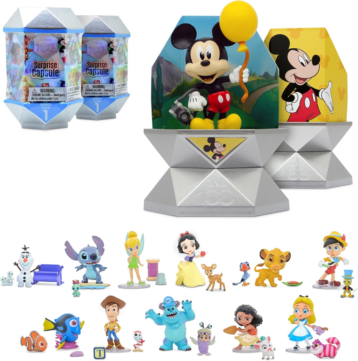 YuMe Disney 100 Series Mystery Capsule Blind Box with Surprise Characters Figurines Toys 2 Pack, Silver