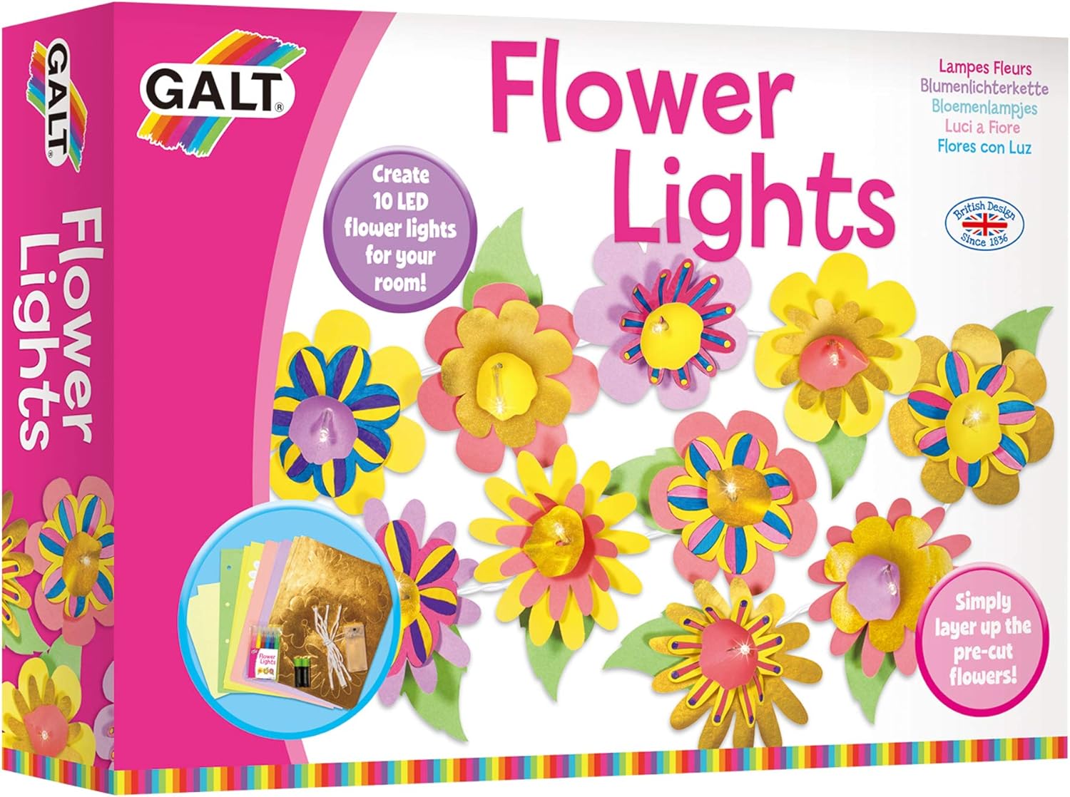Galt Flower Lights - Creative Cases Childrens Arts & Crafts Set, Floral LED Fairy Lights & Craft Kit for Kids - With Batteries, Colouring Pens, Guide & Pre-cut Paper Flowers - Ages 7 Years Plus