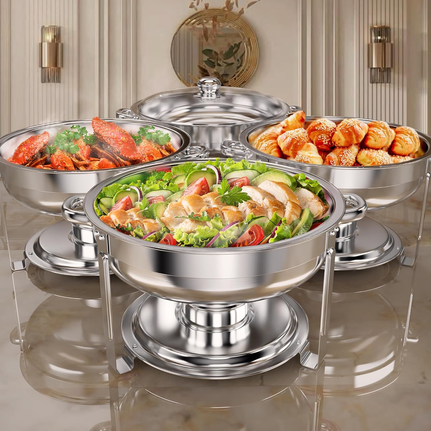 Rengue 5 QT Chafing Dishes, 4 Pack Premium Stainless Steel Complete Set, Round Chafing Dish Buffet Set, Heating and Cooling Chafing Dish for Gatherings Banquets, Buffets, Parties, Weddings