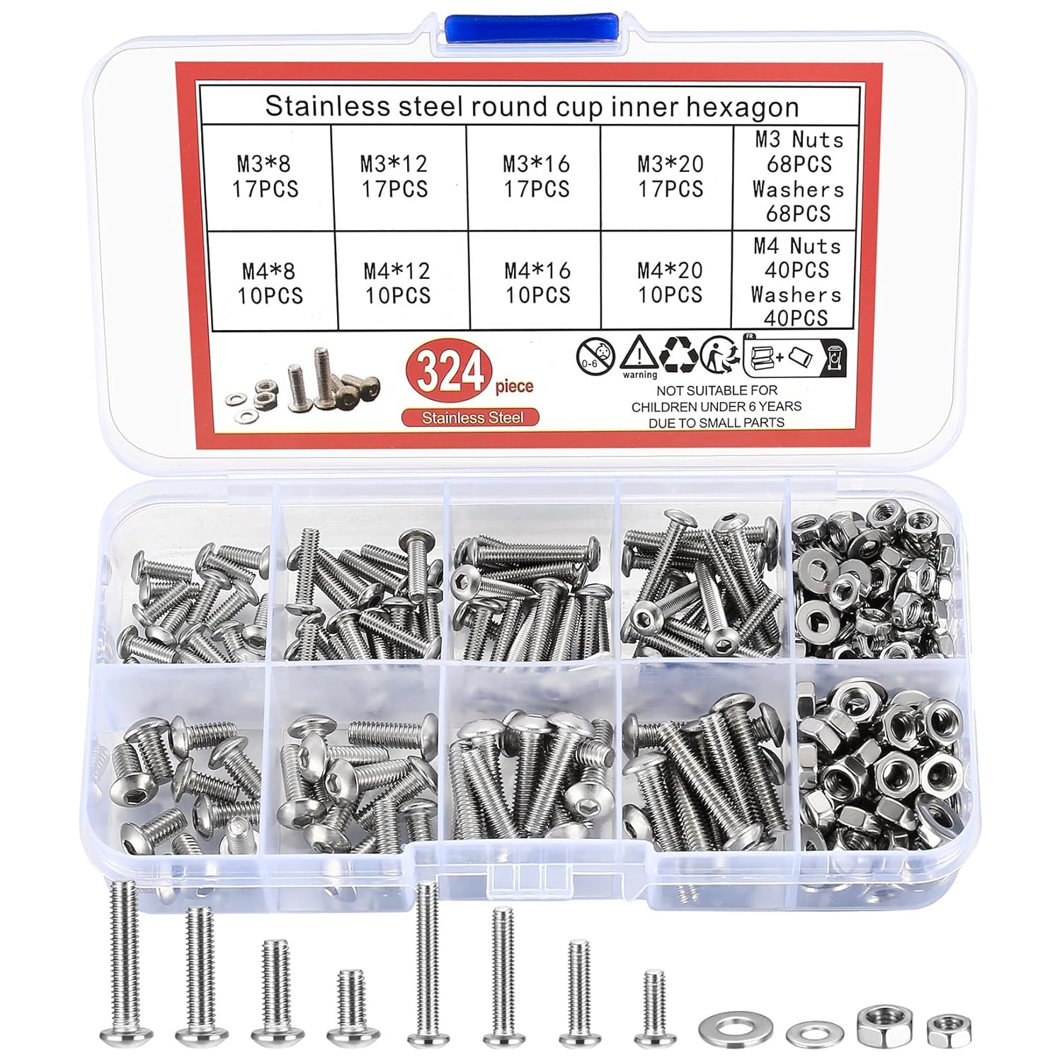 qxayxa 324 Pcs Bolts and Nuts Set, M3/M4 Stainless Steel Hex Head Machine Screws and Washers, Button Head Hex Socket Cap Screws, Round Head Hexagon Socket Bolts Assortment Kit