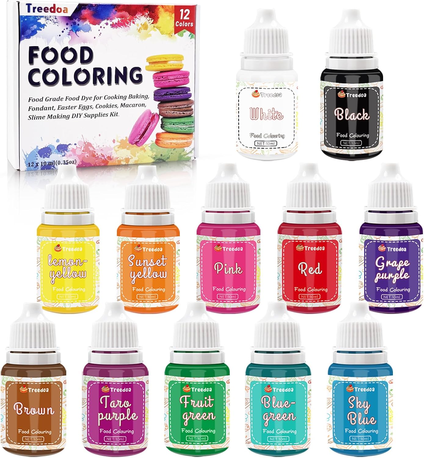 Food Colouring Set,12 Colours x 10ml Vibrant Cake Food Colouring for Baking Cake Decorating Food Grade Food Dye Concentrated Liquid for Icing,Fondant,Easter Eggs,Cookies,Slime Making DIY Supplies Kit