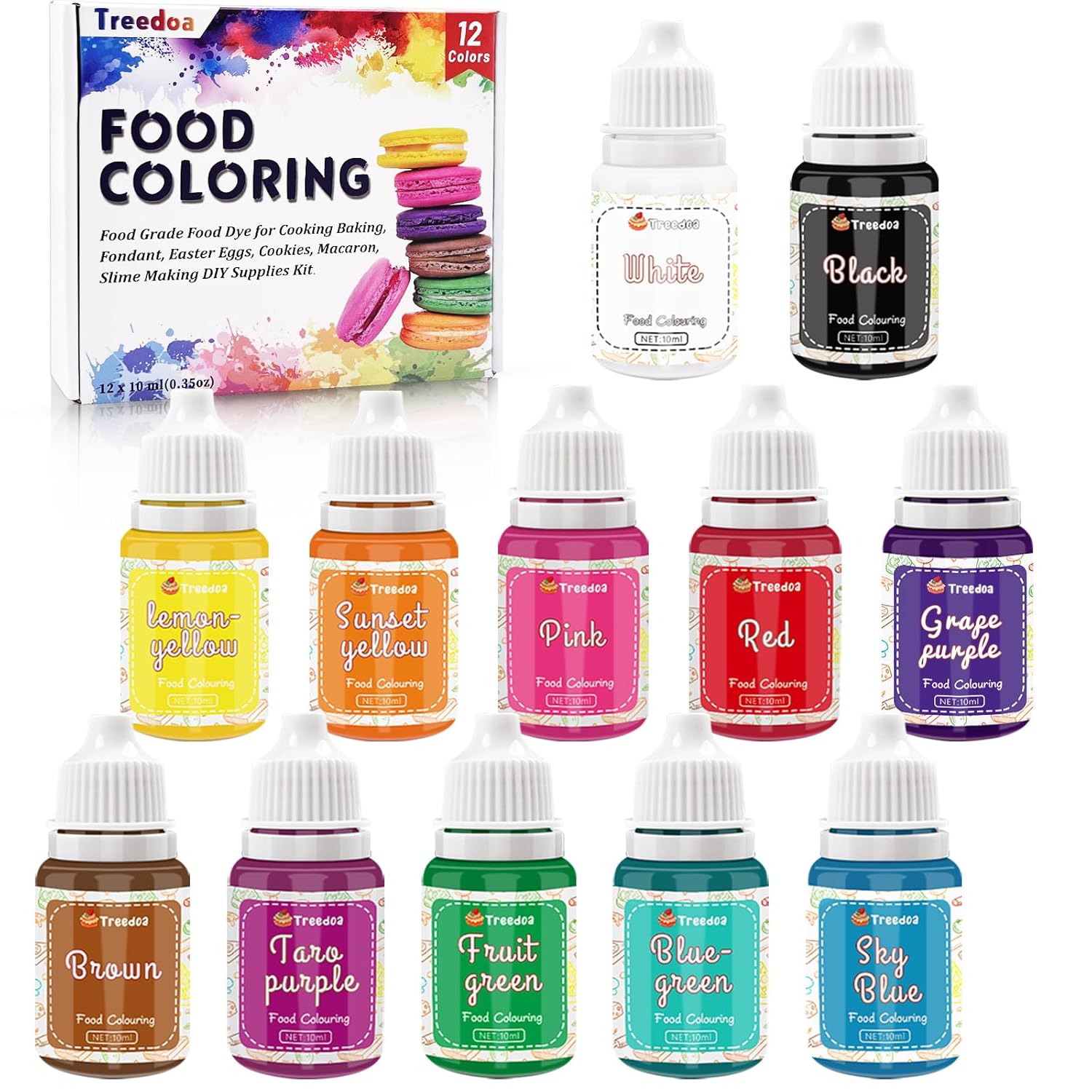 Food Coloring Liquid Set,12 Colors x10ml Food Grade Vibrant Food Dye Concentrated Liquid Coloring for Cake Decorating,Baking,Easter Eggs,Fondant,Icing,Slime Making DIY Supplies Kit-0.35 Fl. oz/Bottles