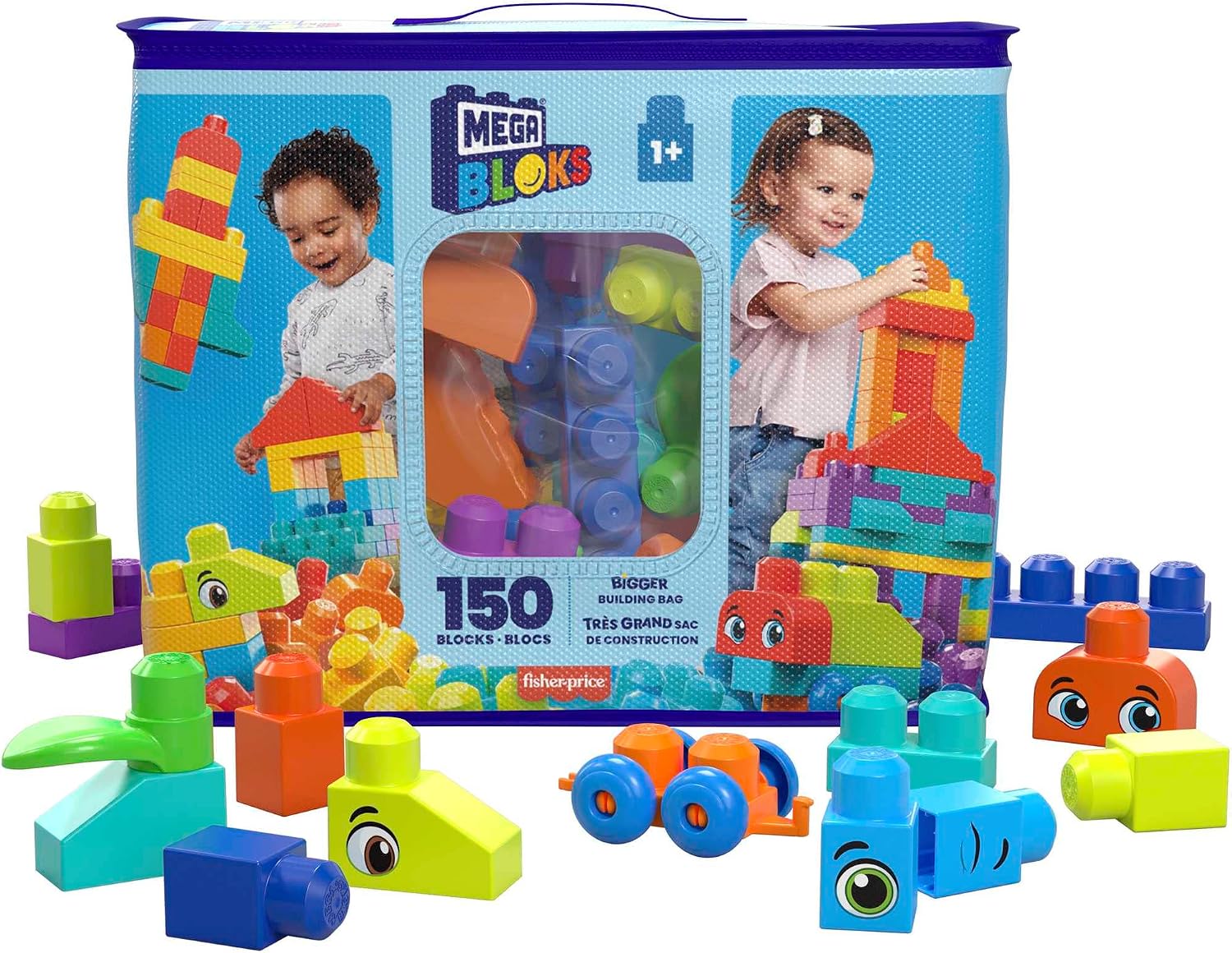​MEGA BLOKS Bigger Building Bag building set with 150 big and colorful building blocks, and 1 storage bag, toy gift set for ages 1 and up