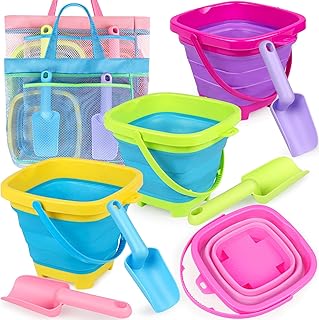 Collapsible Beach Buckets for Kids, Foldable Sand Buckets and Shovels with Mesh Beach Bag, Silicone Beach Sand Pails for Beach Travel, Beach Toys Sand Toys for Kids & Toddlers (4 Buckets)