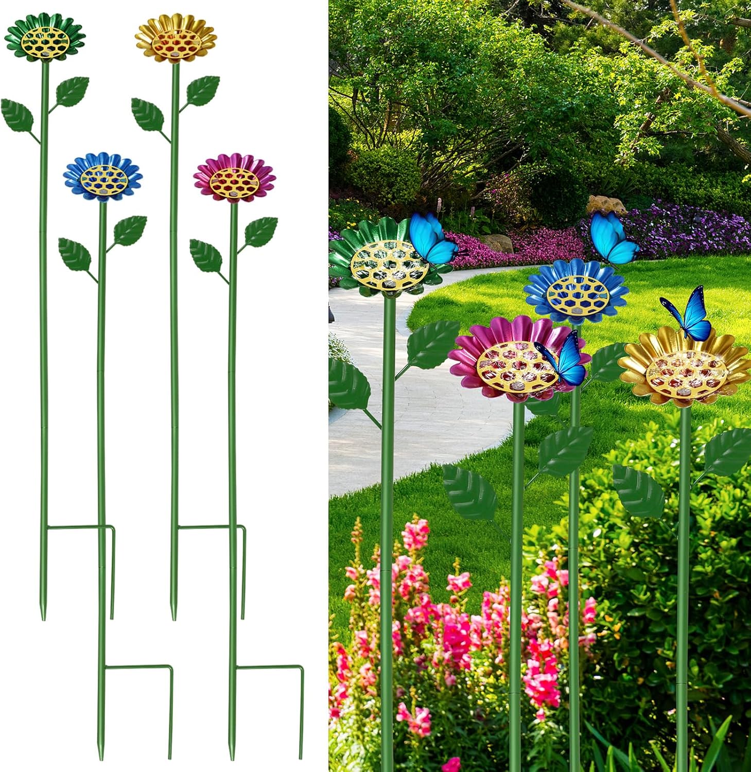 VAVPUP 4-Pack Metal Bee Watering Stations with Anti-Drowning Landing Pads Rust-Proof Bee Feeder Cups & Adjustable Iron Stakes, Vibrant Garden Decor for Outdoor Garden Yard Decor (Multiple Colors)