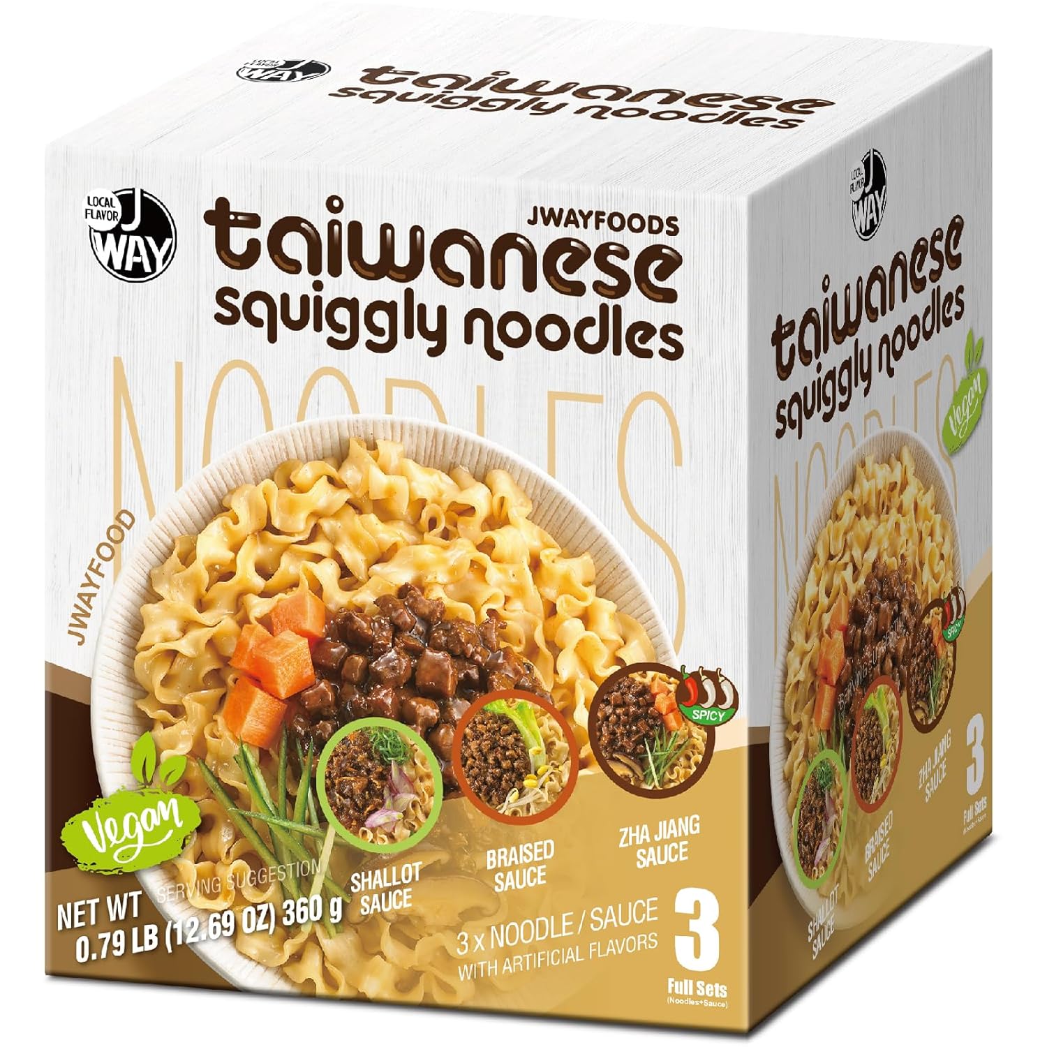 J WAY Instant Taiwan Squiggly Noodles Variety Pack, 4.23 Ounce (Pack of 3) Air-Dried Vegan Chinese Asian Knife Cut Noodles, High Protein Ready to Eat Top Noodles, 3 Flavors