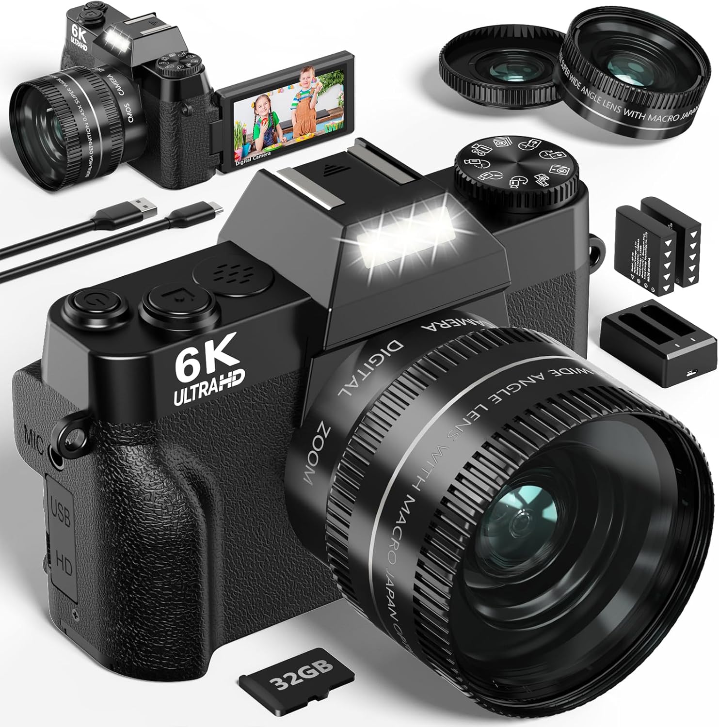 6K Digital Camera for Photography - WiFi 64MP Vlogging Cameras for YouTube with 3" 180° Flip Screen, 16X Digital Zoom Autofocus Vlog Travel Camara with 32GB SD Card, 2 Batteries and Double Charger