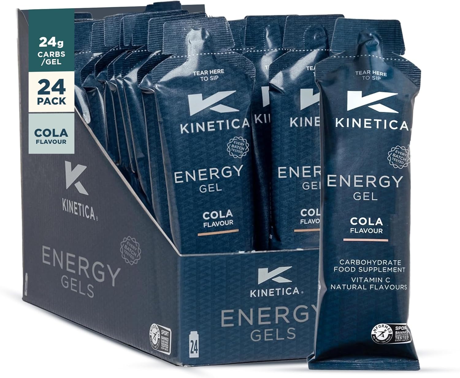 Kinetica Sports Caffeine Free Quick Release Energy Gels - Cola Flavour | 24g Carbohydrates/Serve | 24 x 70g Pack | Vegan & Gluten-Free | Fast Acting Energy Source | Boost Energy & Easy to Digest