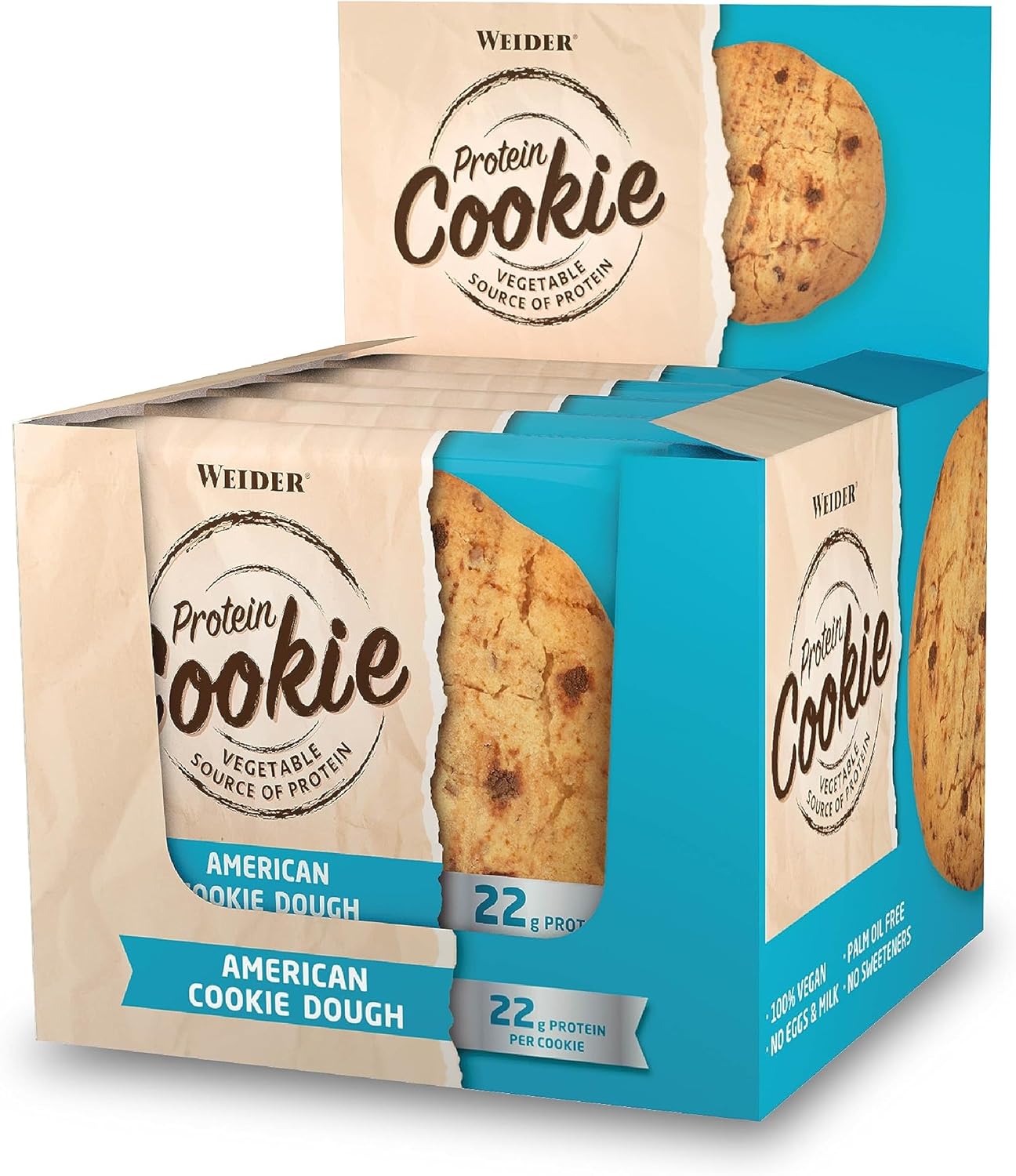 WEIDER Vegan Protein Cookie 90g, All American Cookie Dough, box of 12 delicious baked protein cookies, fitness snack