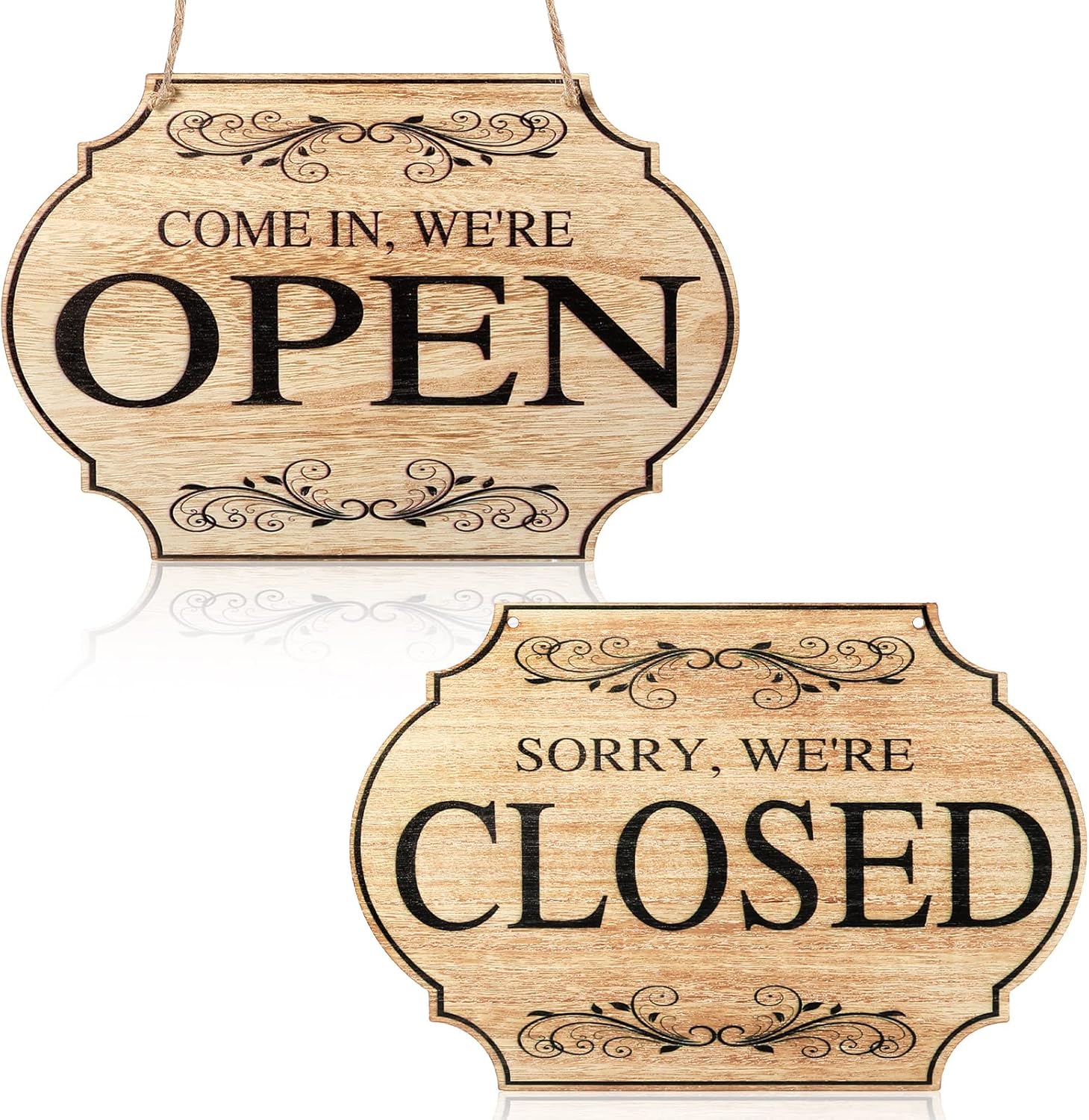 Open and Closed Business Signs Sided Wooden Open Signs with Rope for Coffee Bar Shop Door Window, 11.8 x 7.8 Inch (Wood Color Board, Black Words)
