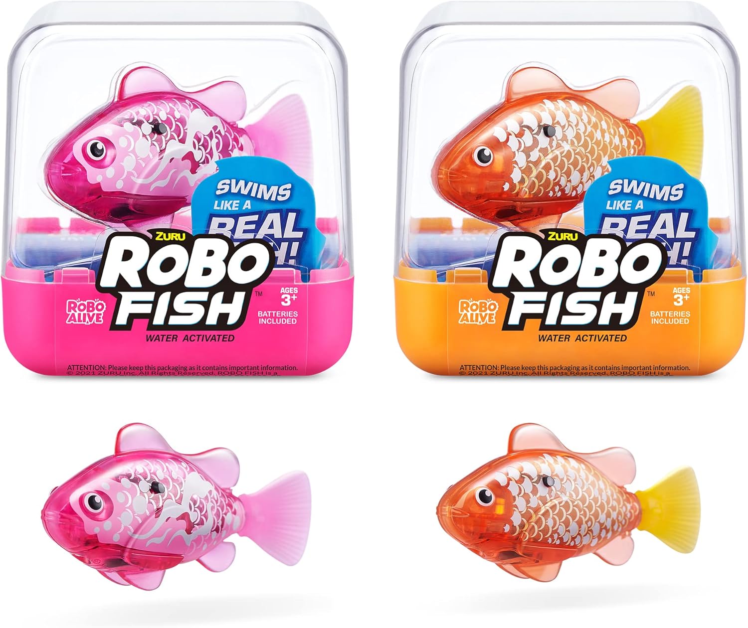 Robo Alive Robo Fish Series 3 Robotic Swimming Fish, 2 Pack, Pink and Purple, Swims in Multiple Directions, Battery Powered, Toy Fish, bath toy(2 Pack, Pink and Gold)