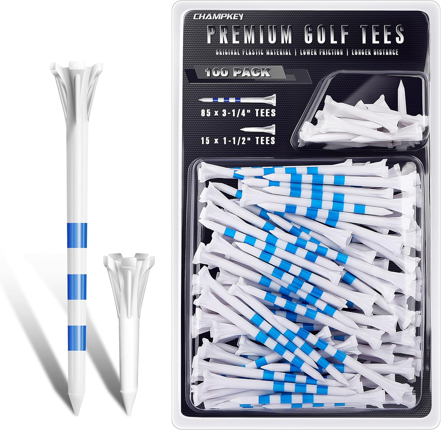 CHAMPKEY Advanced 5-Prong Plastic Golf Tees 100 Pack - 50% Ball Contact Surface Optimization with Longer Distance Performance Golf Tees Plastic