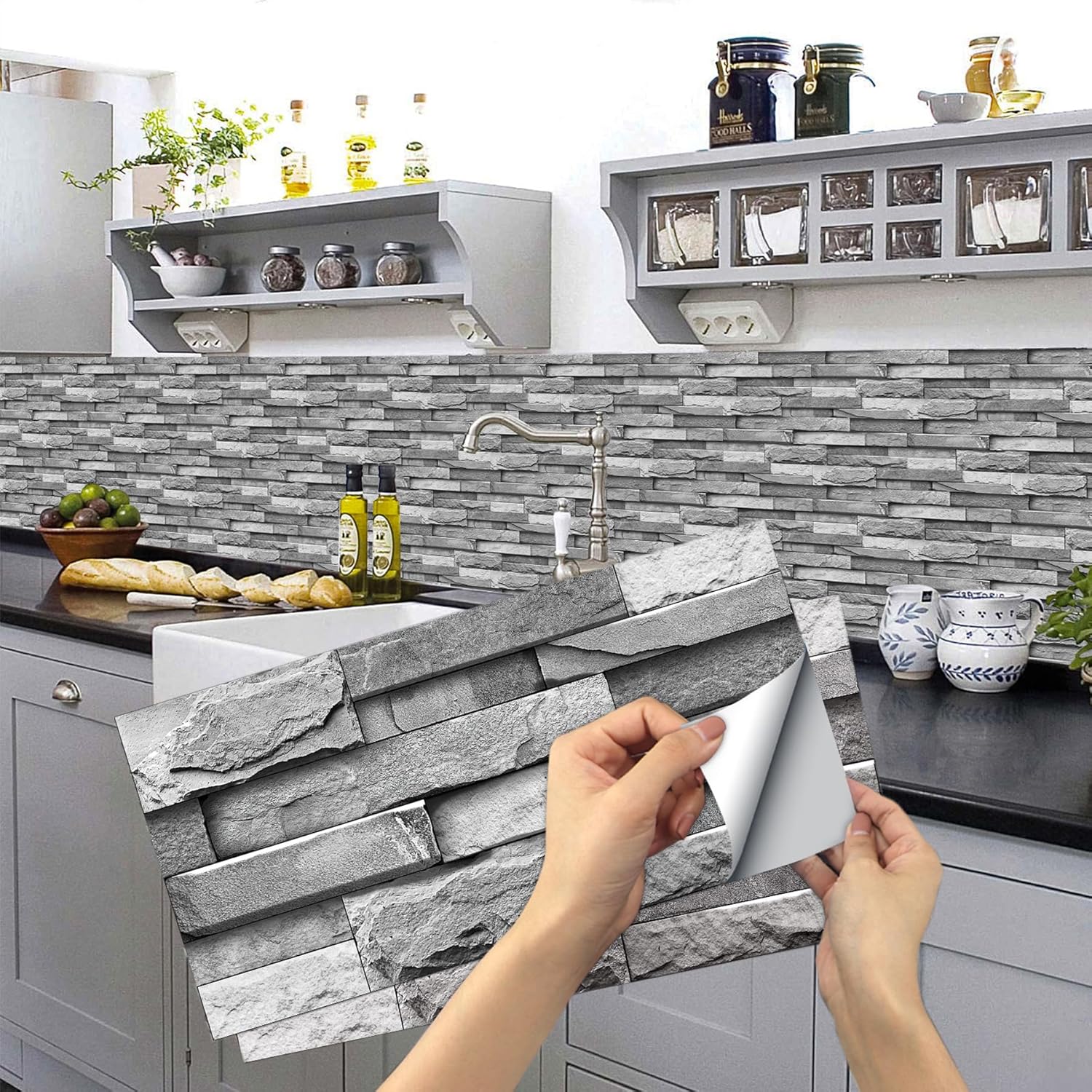 24 Sheets Grey Tile Stickers, Peel and Stick Vinyl Backsplash Tiles Self Adhesive Waterproof Oilproof Tiles Retro Style DIY Home Decor for Kitchen Bathroom