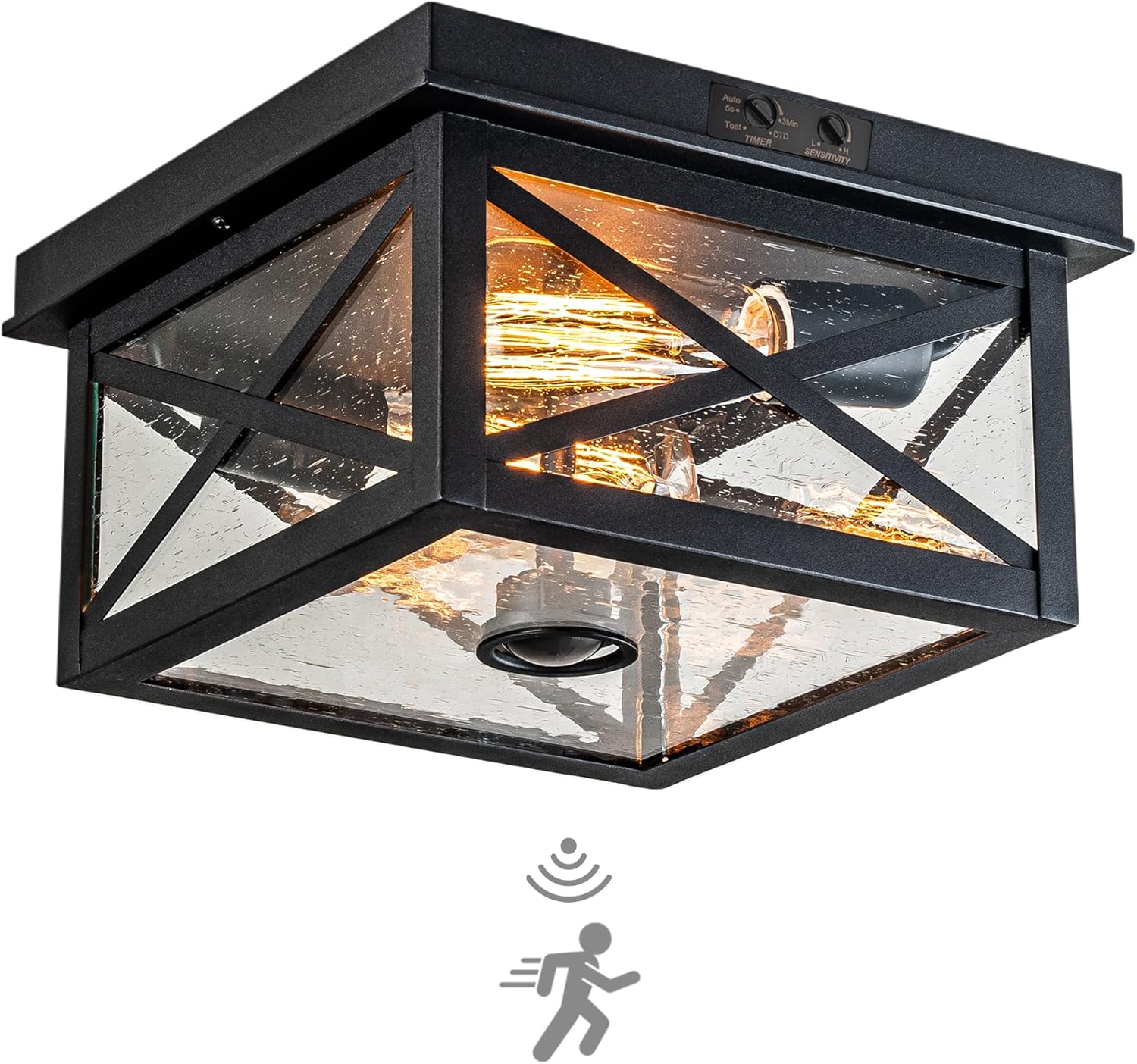 FTL Motion Sensor Ceiling Light Outdoor, Upgraded Dusk to Dawn, Black Flush Mount Porch Light with Seeded Glass, Adjustable Sensor 2-Light Close to Ceiling Light Fixture for Patio, Farmhouse, Garage