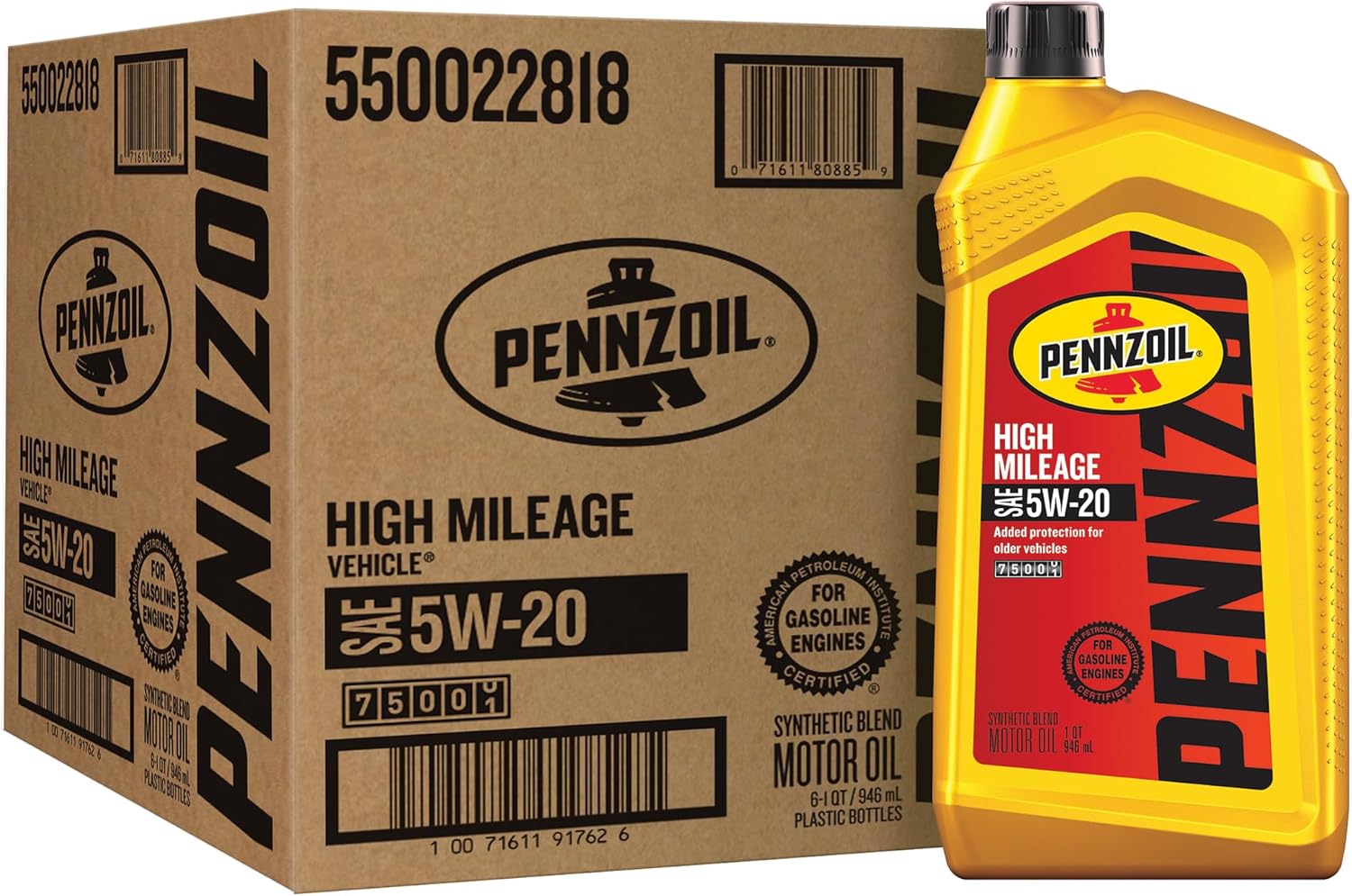 Pennzoil High Mileage 5W-20 Motor Oil, 1 Quart (6 Pack)