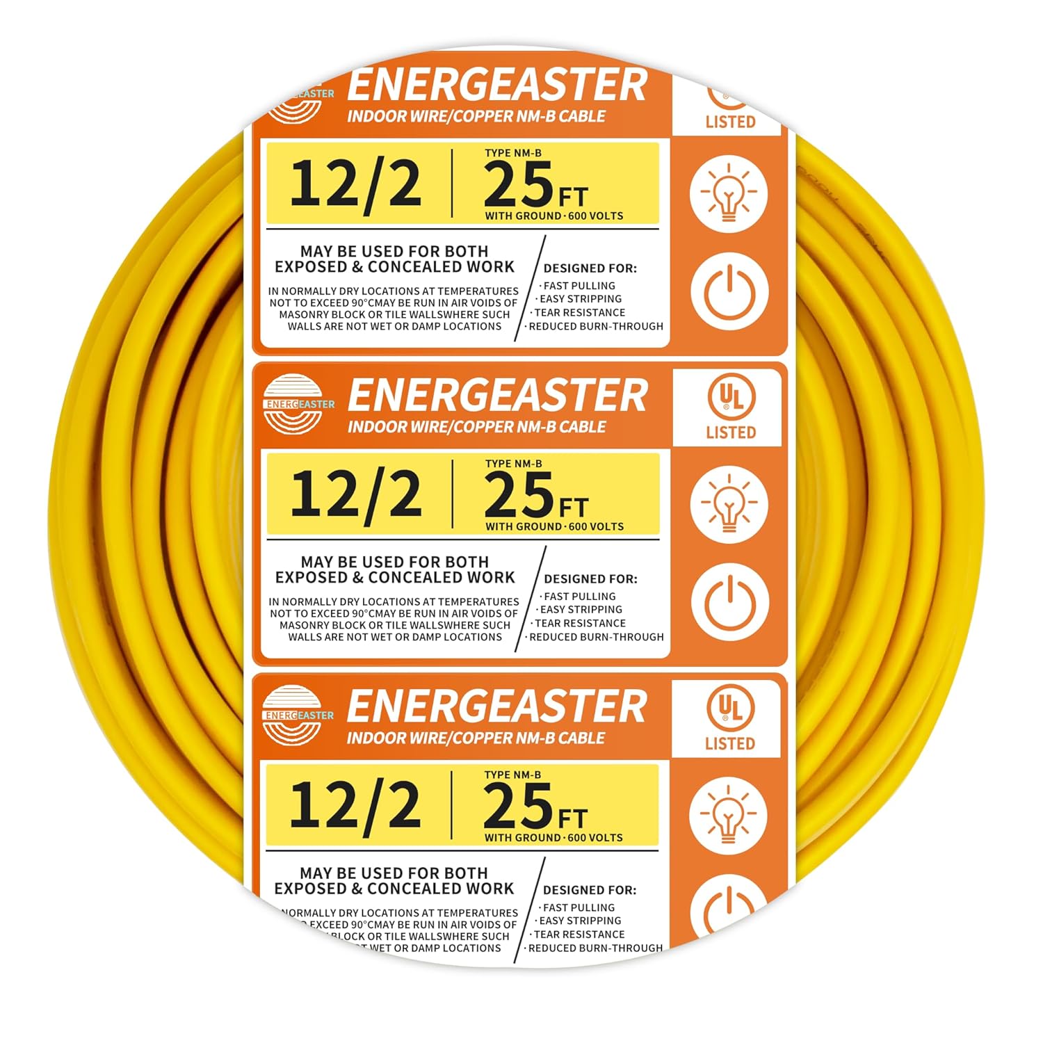 Solid Indoor 12/2 W/G NMB Cable 25ft Coil，Electrical Wire 12 Gauge Wire 2 Conductors Non-Metallic with Ground Wire(Yellow)