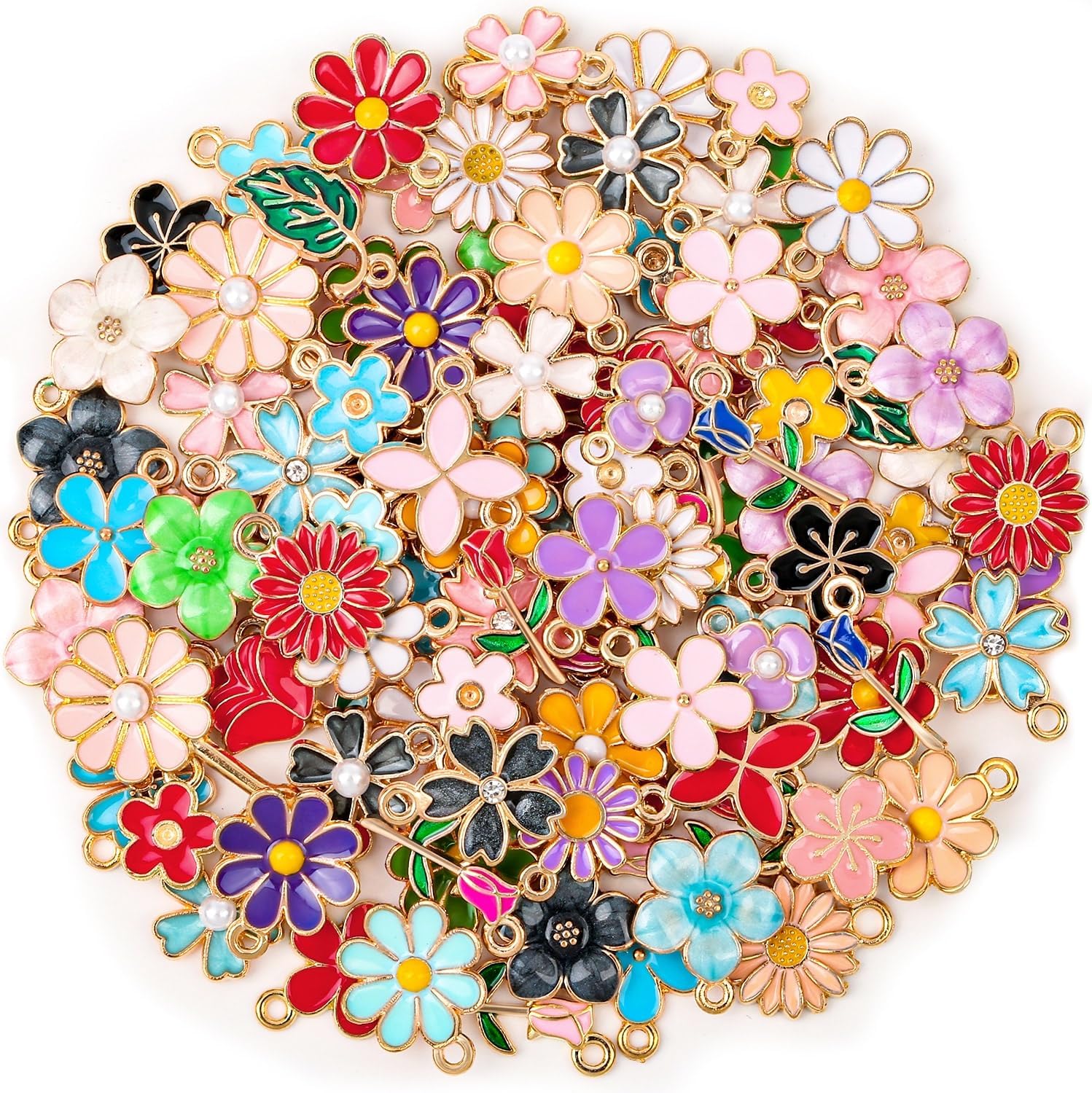 Acejoz 100Pcs 50 Pairs Flower Charms for Jewelry Making, Wholesale Assorted Enamel Mixed Bulk Metal Earring Charms for DIY Necklace Bracelet Earring Jewelry Making and Crafting