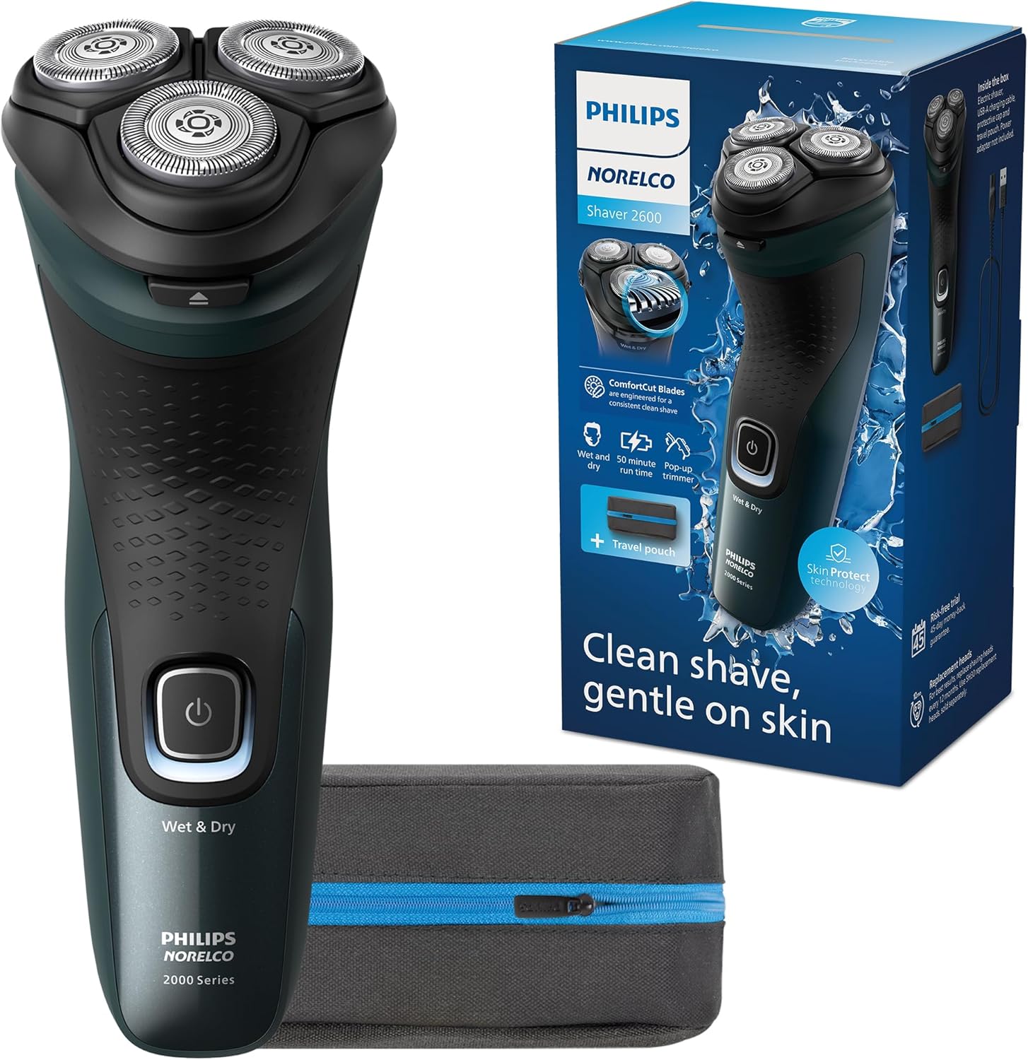 Philips Norelco Shaver 2600 Series, Wet and Dry Electric Shaver, Pop-up Trimmer, P-Cap, Travel Pouch, Dark Forest Green, Model X3052/91
