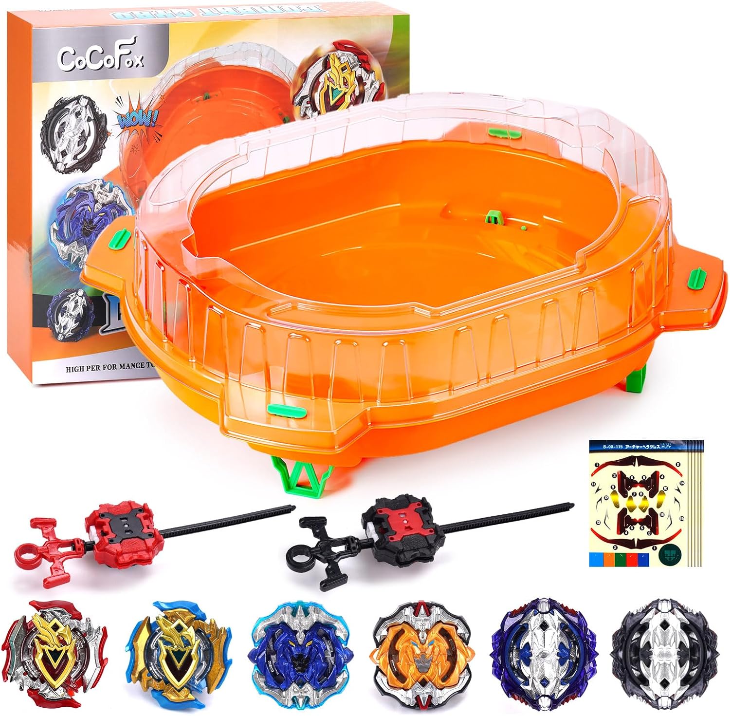 COCOFOX Battling Top Burst Toy Set, 6 Battling Tops 2 Launchers and 1 Stadium, Toys for 6 Year Old Boys & Girls & Up（Orange）