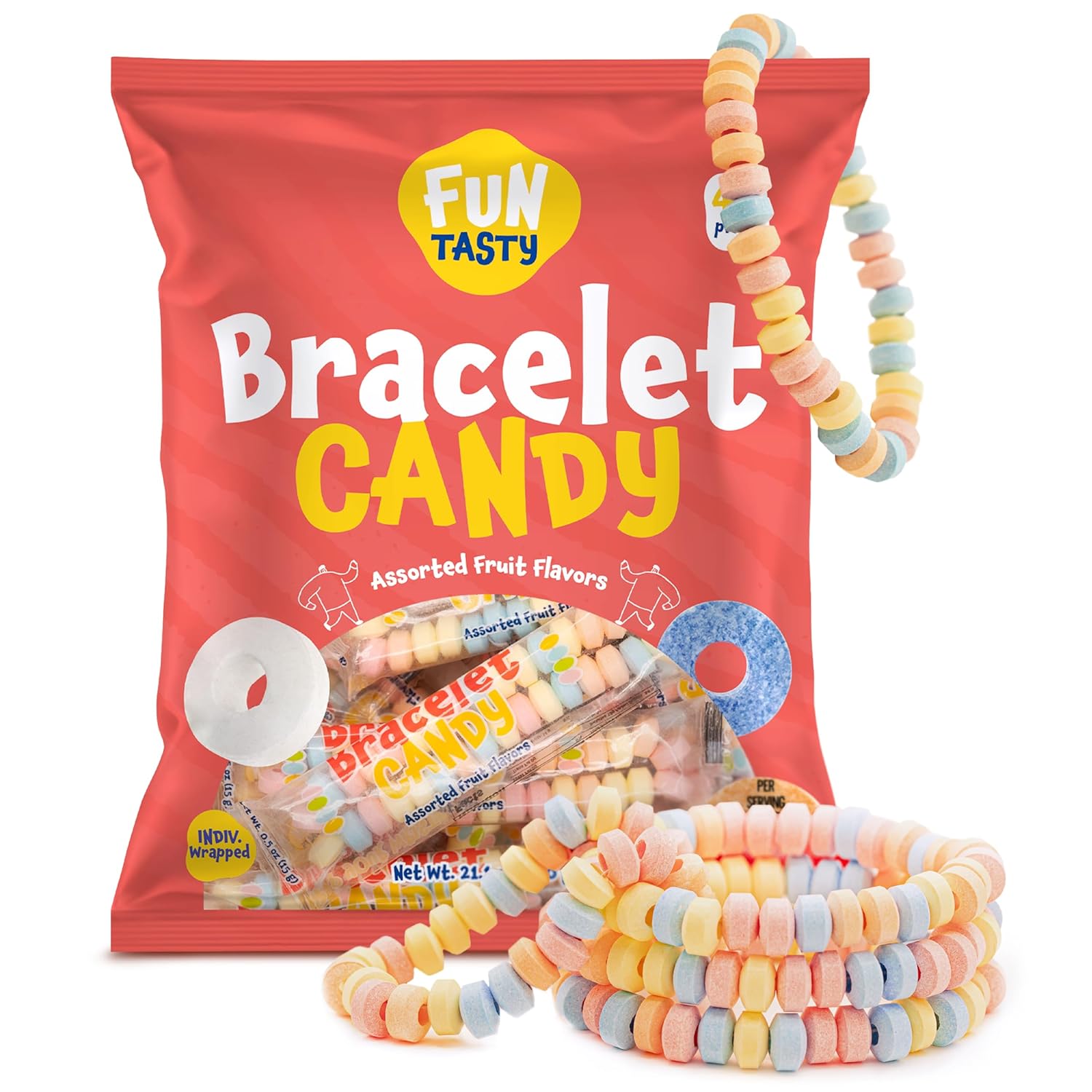 Funtasty Candy Bracelets - 21 Ounce Bag (40 Count) - Fruit Flavors - Individually Wrapped - Stretchable Jewelry for Party Favors, Goody Bags, and Kids' Celebrations