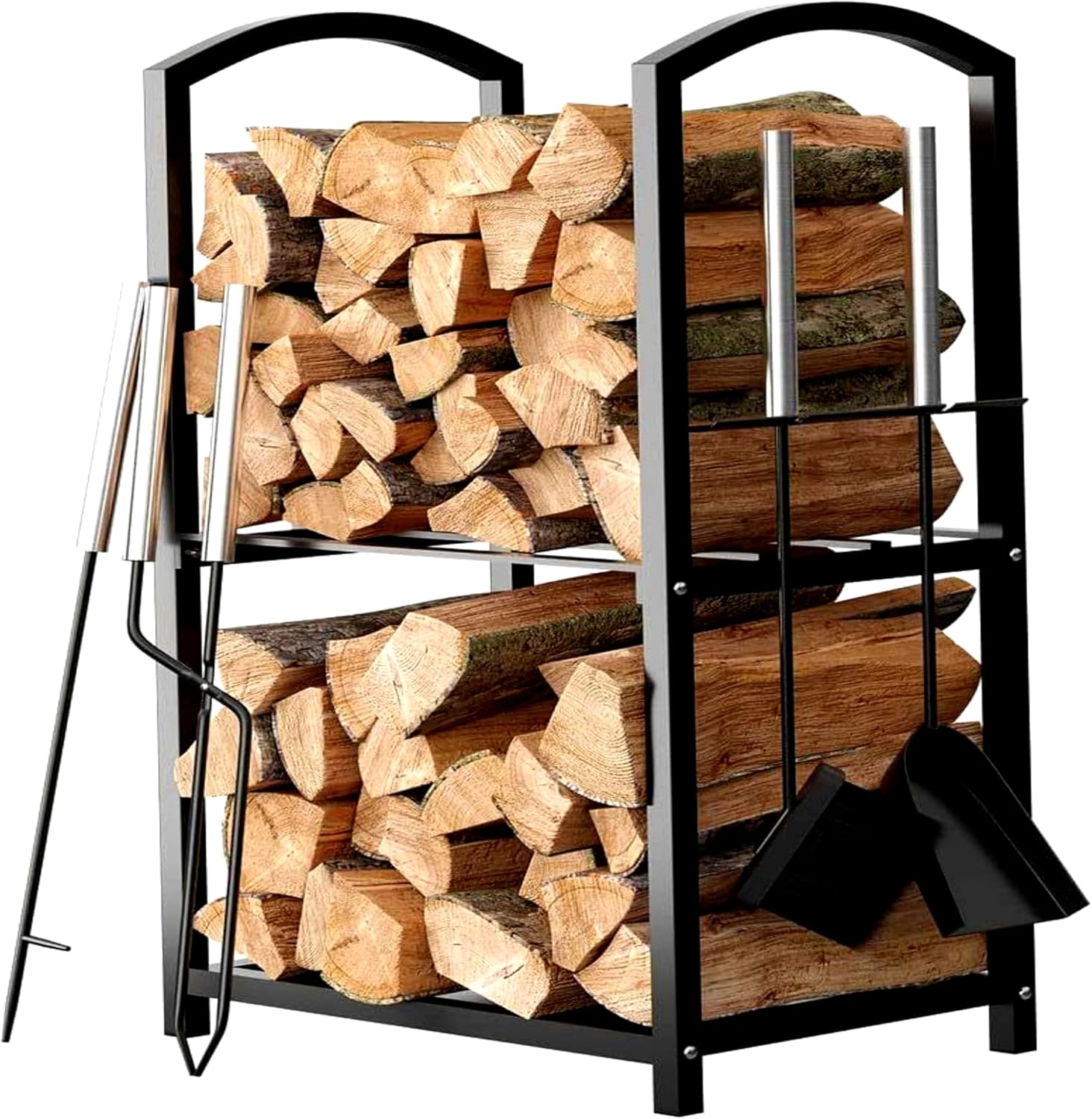 HOME IT Firewood Rack Indoor Outdoor - 2-Tier Firewood Holder with Fireplace Tools Set, Brush, Shovel, Poker, Tongs - Waterproof Steel Pipe Log Holder, Black Stove Wrought Iron - 17x12x29