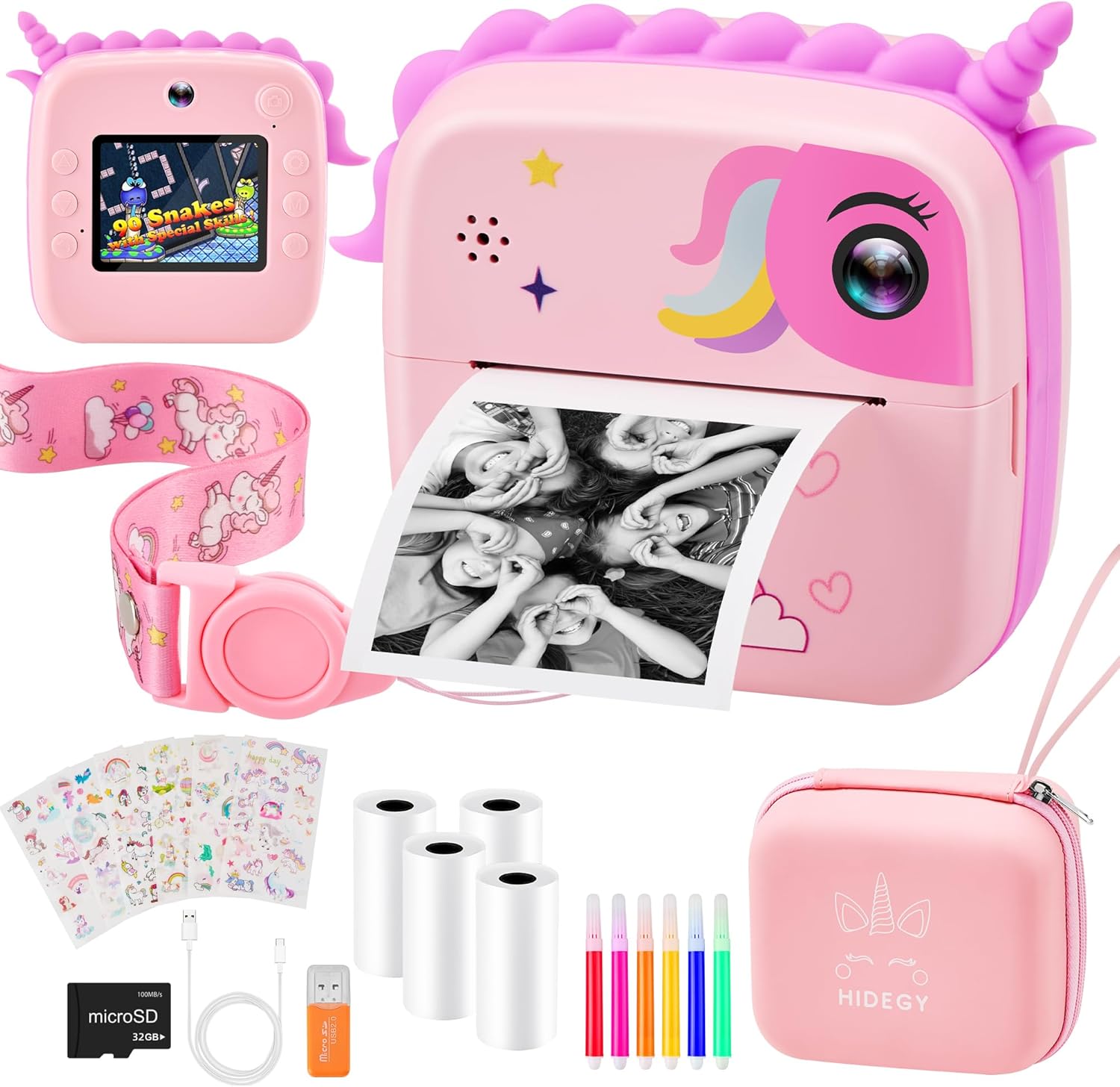 Kids Instant Print Digital Camera with Case, No Ink, 32G TF Card, Selfie Video, Fun Gift for Girls & Boys 3-14 (Pink)