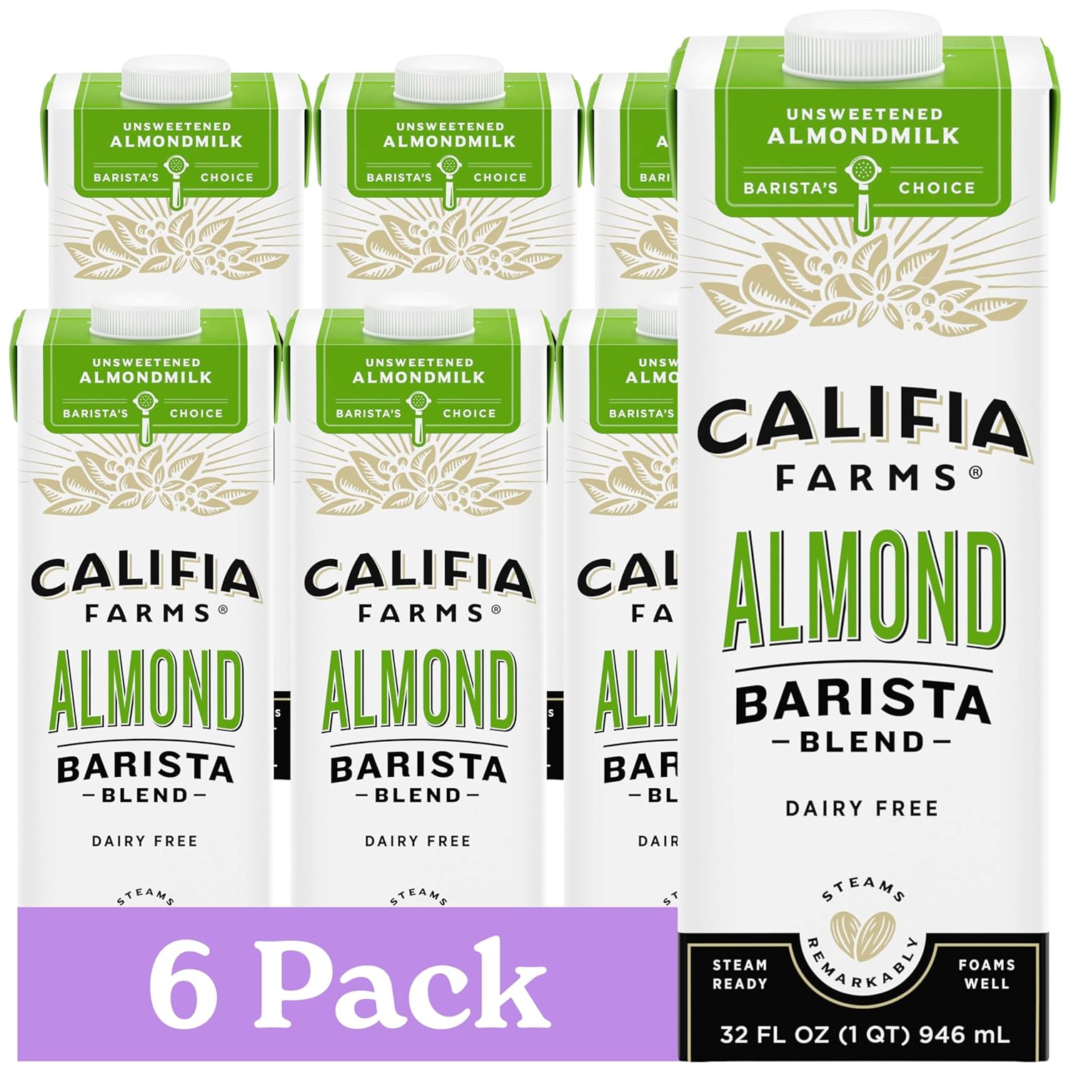 Califia Farms - Unsweetened Almond Barista Blend Almond Milk, 32 Oz (Pack Of 6), Shelf Stable, Dairy Free, Plant Based, Vegan, Gluten Free, Non GMO, Sugar Free, Milk Frother, Creamer