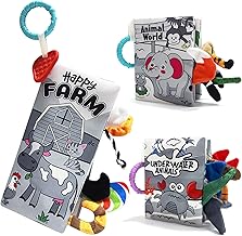 DONGTOIZ Soft Cloth Baby Books 0-6 Months 3 Pcs High Contrast Baby Toys for Newborn Crinkle Books for Babies Touch and Feel Cloth Books Infant Sensory Stroller Toys 0-3-6 Months Baby Gifts