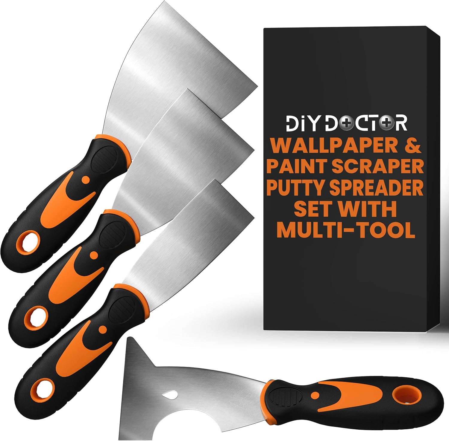 DIY Doctor 4-Piece Wallpaper Scraper Set – Includes 3 Strippers & 1 Multifunctional Putty Scraper – Paint Scraper Tools in Sizes 1.5", 2.5", 3.5" – Perfect for Wallpaper Removal, DIY & Painting Tasks