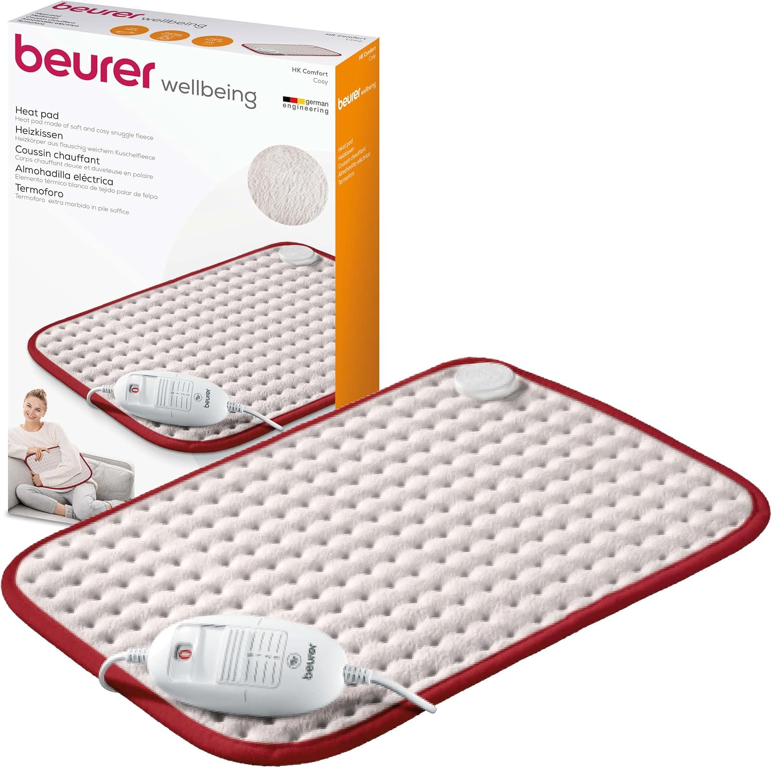 Beurer HK Comfort Heat Pad, Flexible Warming Electric Heating Pad with Super-Soft Surface, Controllable Warmth with 3 Temperature Settings, Machine-Washable, Automatic Switch-off, 100 watts, 44x33cm