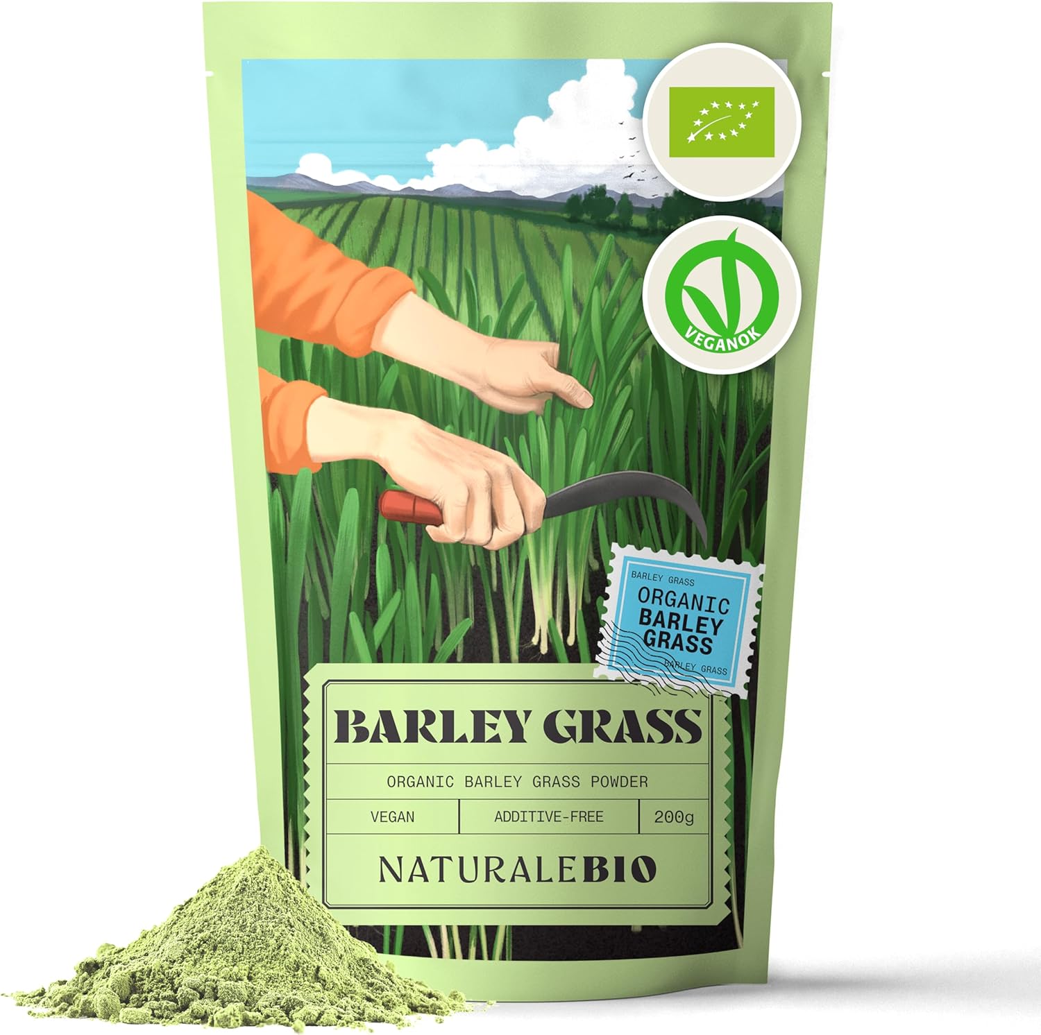 NaturaleBio Raw Organic Barley Grass Powder, 200g. Bio, Natural and Pure, Grown in Europe. Ideal for Green juices, Smoothies and Recipes. Suitable for Vegetarians and Vegans.