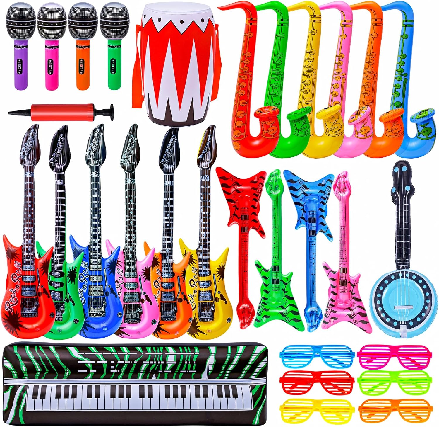 Max Fun Inflatable Rock Star Toy Set, 30 PCS 80s 90s Party Decorations Inflatable Party Props Musical Instrument Blow up Guitar Inflate Rock Band for Carnival Party Favors Rock and Roll Party Supplies