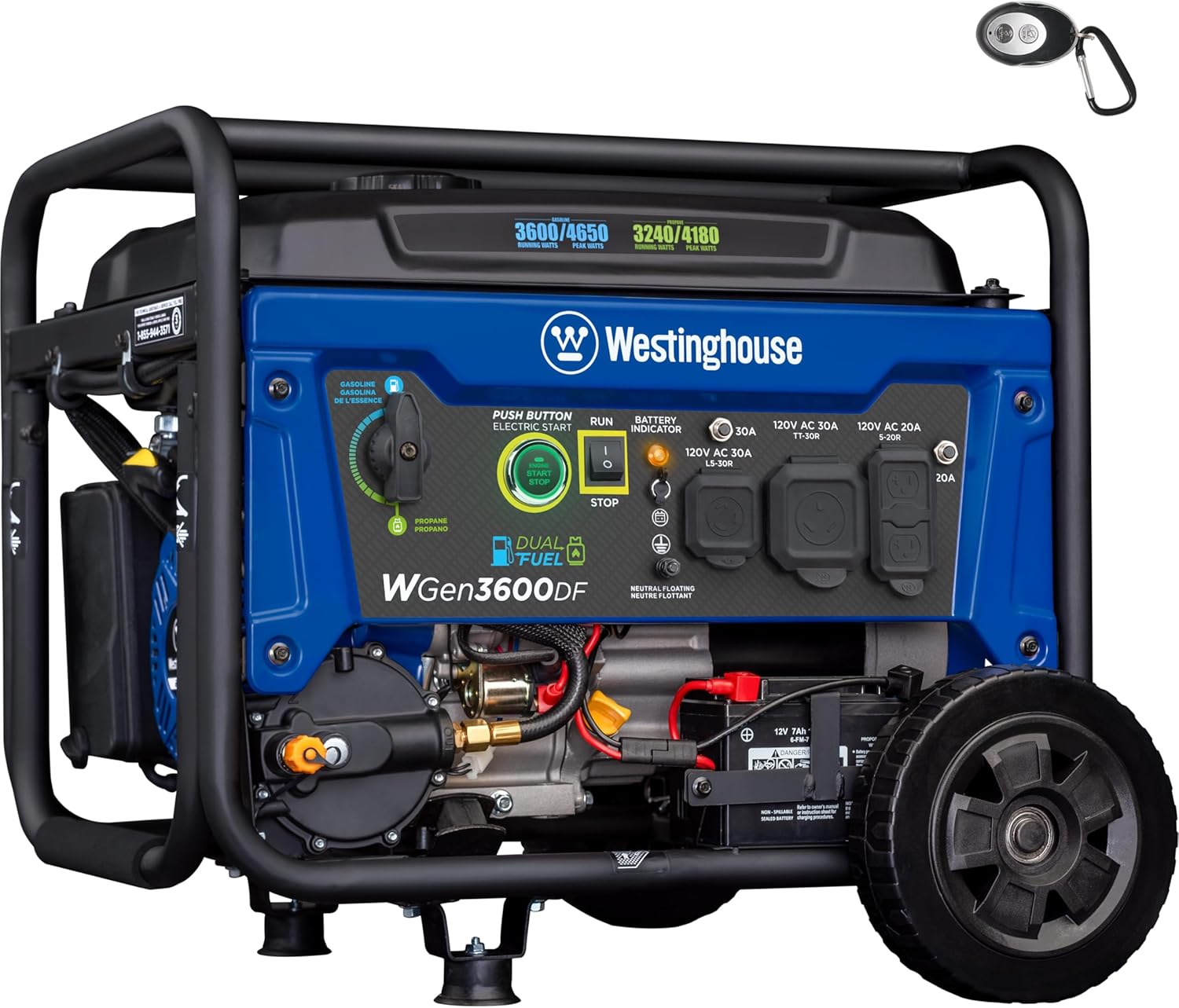 Westinghouse 4650 Peak Watt Dual Fuel Portable Generator, Remote Electric Start with Auto Choke, RV Ready 30A Outlet, Gas & Propane Powered