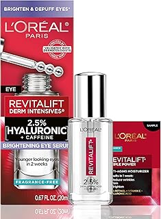 L'Oreal Paris Revitalift Hyaluronic Acid + Caffeine Hydrating Eye Serum for Dark Circles, Fragrance Free .67 fl. oz + Moisturizer Sample