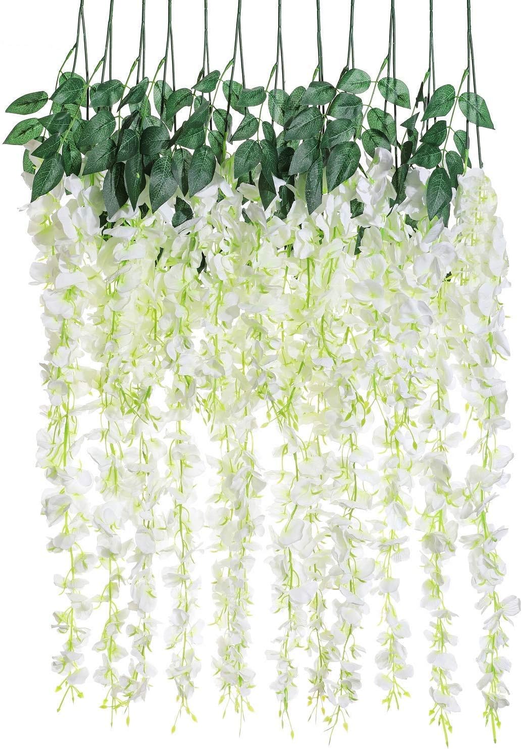 Veryhome 12PCS Artificial Wisteria Hanging Garland Fake Wisteria Vine Hanging Flower Bush String Artificial Flowers for Wedding Decorations,3.6 Feet (White)