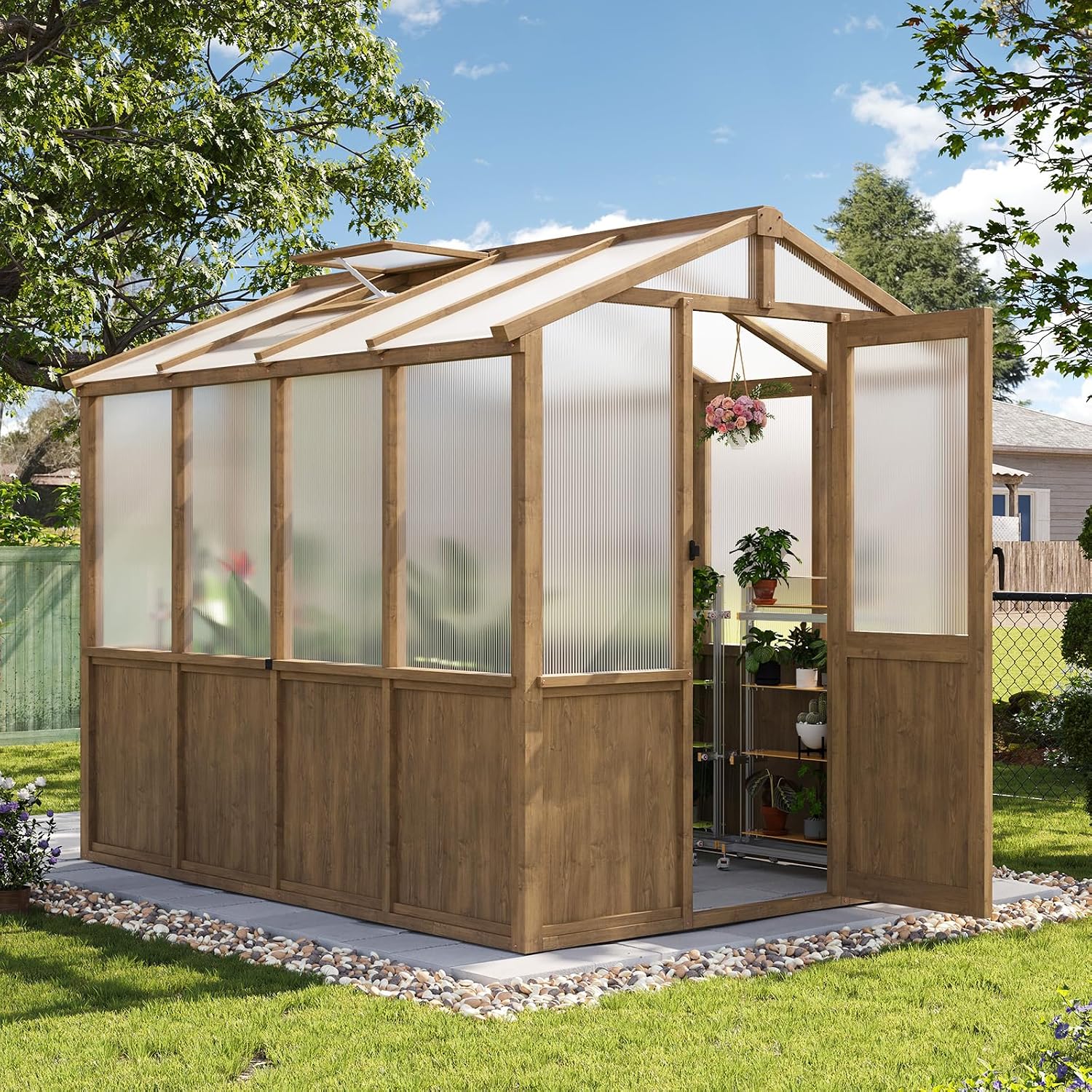 Aoxun 6x8 FT Wooden Greenhouse for Outdoors, Wood Gazebo Walk-in Green House Kit with Adjustable Roof Vent and Lockable Door, Heavy Duty Cedar Greenhouse for Outside, Backyard Garden, Natural